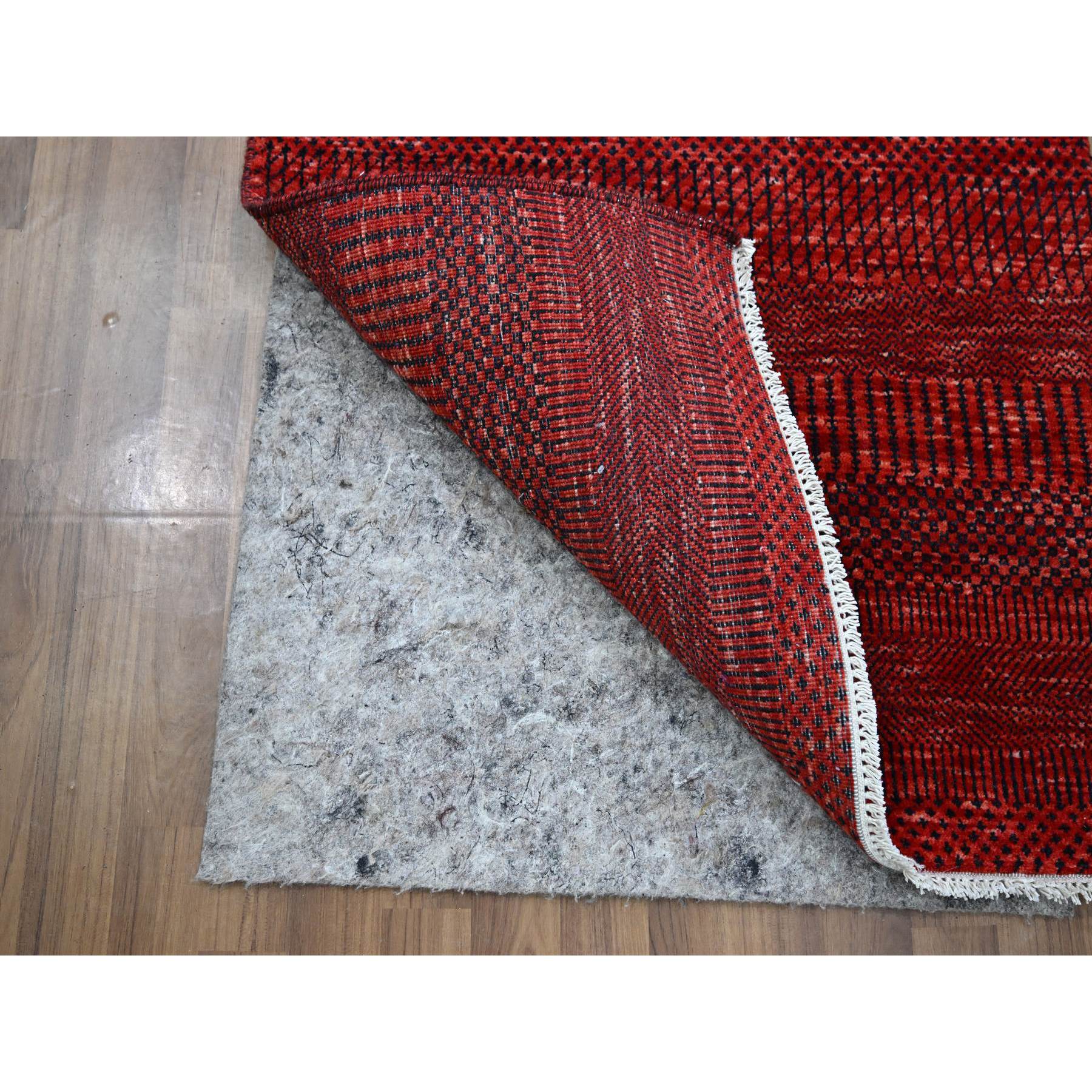 2'5"x14' Chili Red, Modern Grass Design, Hand Knotted, Denser Weave, Tone on Tone, Wool and Silk, Lush and Plush, Runner, Oriental Rug Sh76318