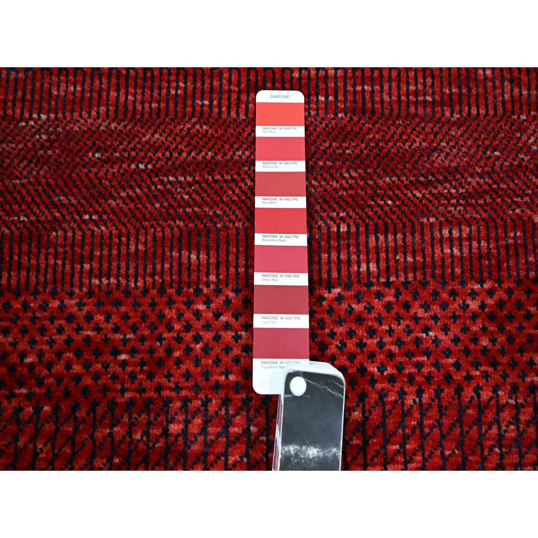 2'5"x14' Chili Red, Modern Grass Design, Hand Knotted, Denser Weave, Tone on Tone, Wool and Silk, Lush and Plush, Runner, Oriental Rug Sh76318