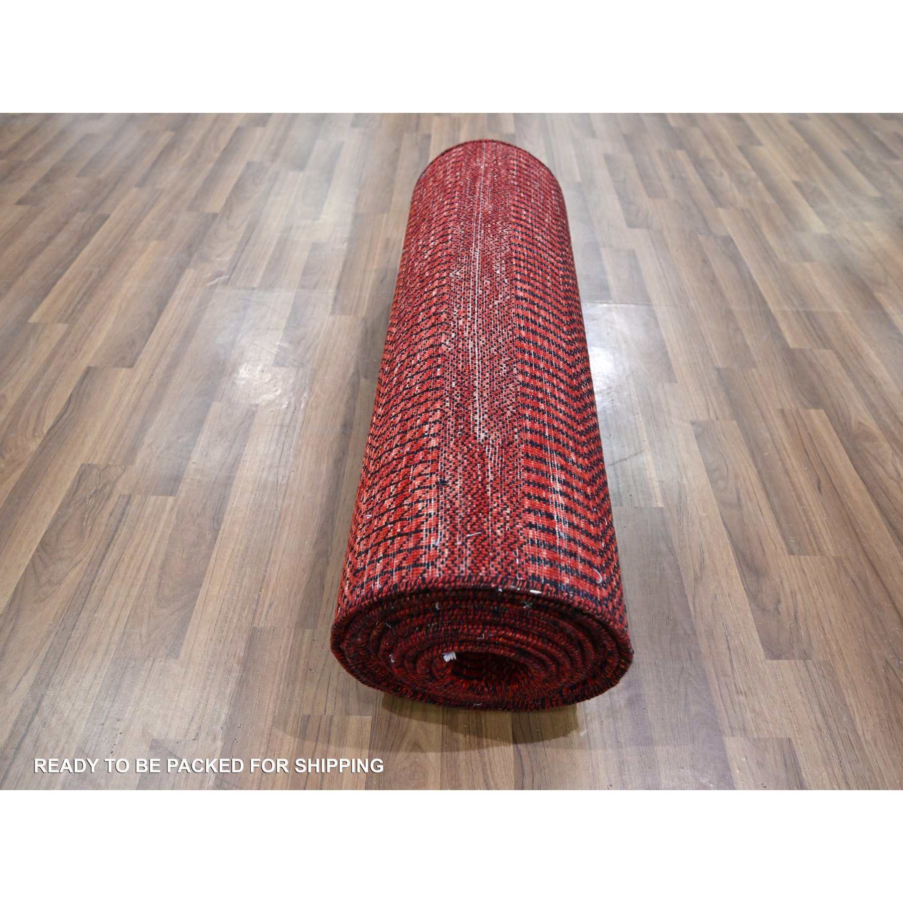 2'5"x14' Chili Red, Modern Grass Design, Hand Knotted, Denser Weave, Tone on Tone, Wool and Silk, Lush and Plush, Runner, Oriental Rug Sh76318