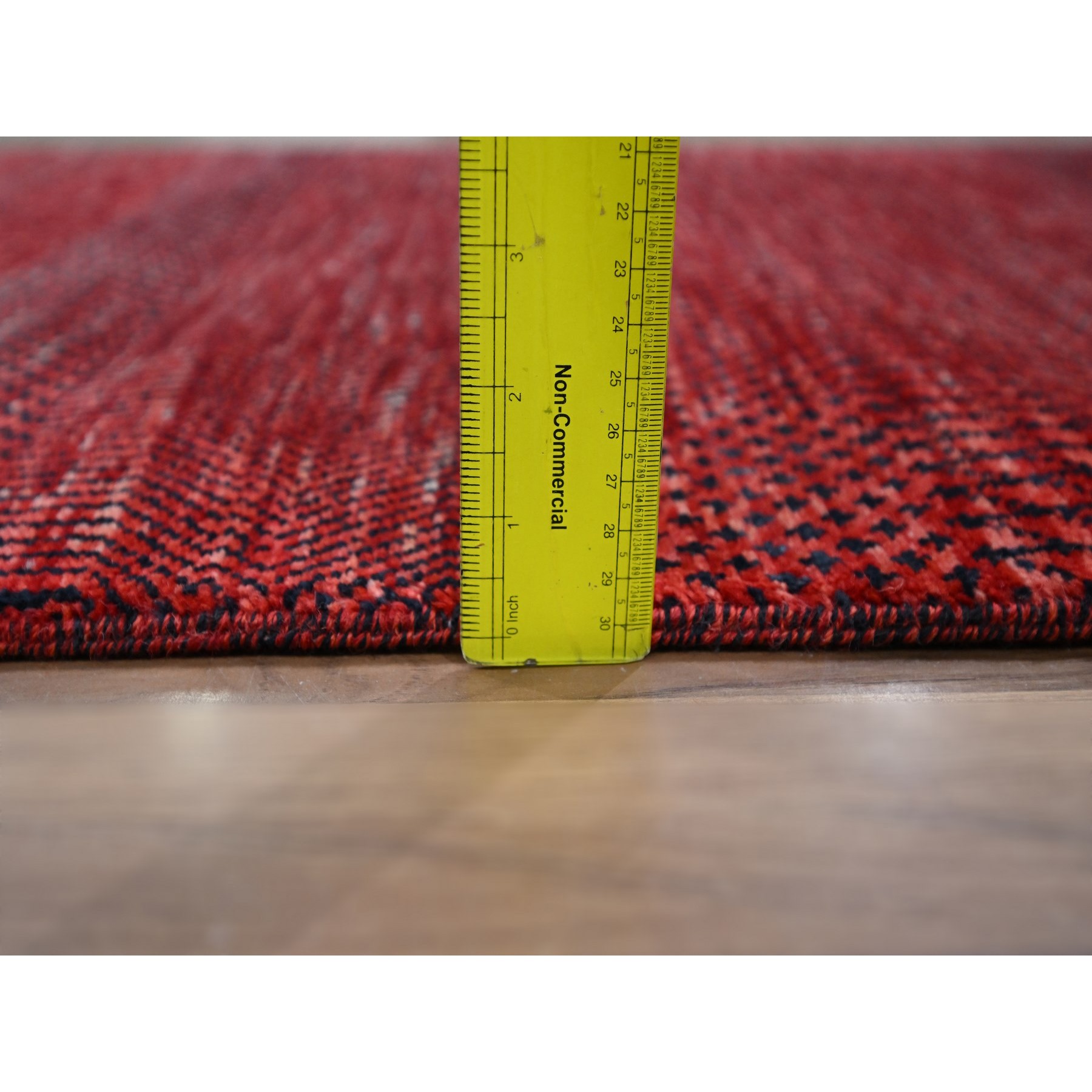 2'5"x14' Chili Red, Modern Grass Design, Hand Knotted, Denser Weave, Tone on Tone, Wool and Silk, Lush and Plush, Runner, Oriental Rug Sh76318