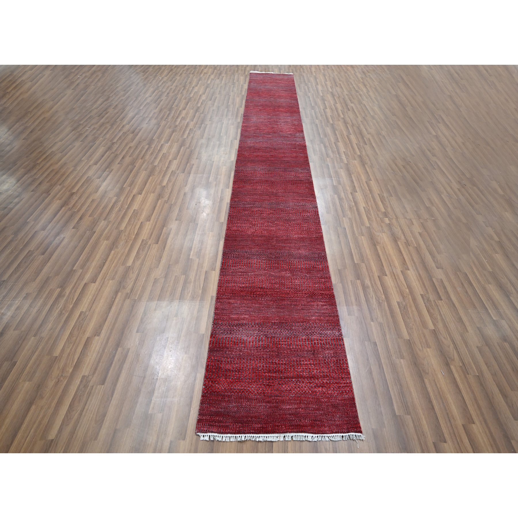2'6"x16'3" Angels Red, Modern Grass Design, Hand Knotted, Borderless, Denser Weave, Lush and Plush, Tone on Tone, Wool and Silk, XL Runner, Oriental Rug Sh76320