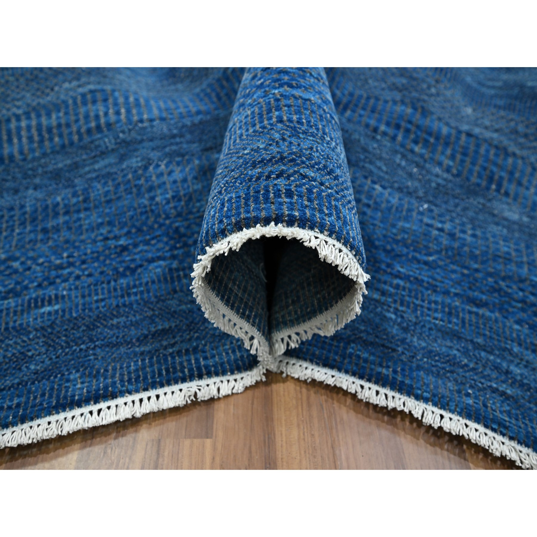 9'x12' Imperial Blue, Modern Grass Design, Hand Knotted, Denser Weave, Tone on Tone, Wool and Silk, Borderless, Lush and Plush, Oriental Rug Sh76322