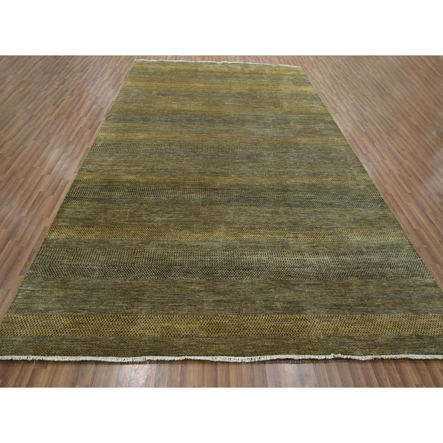 9'2"x12'6" Bone Brown, Modern Grass Design, Hand Knotted, Borderless, Denser Weave, Tone on Tone, Wool and Silk, Lush and Plush, Oriental Rug Sh76323