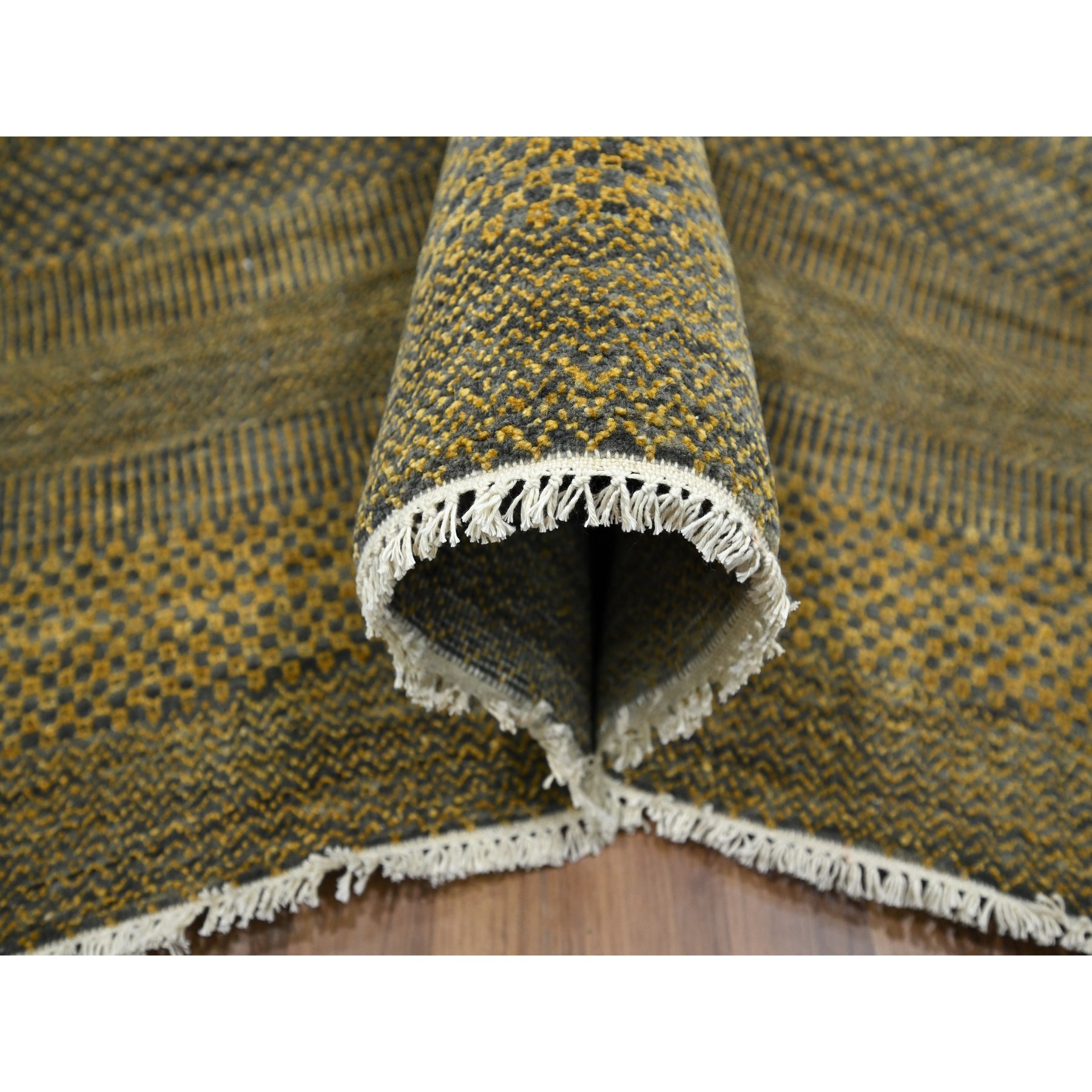 9'2"x12'6" Bone Brown, Modern Grass Design, Hand Knotted, Borderless, Denser Weave, Tone on Tone, Wool and Silk, Lush and Plush, Oriental Rug Sh76323