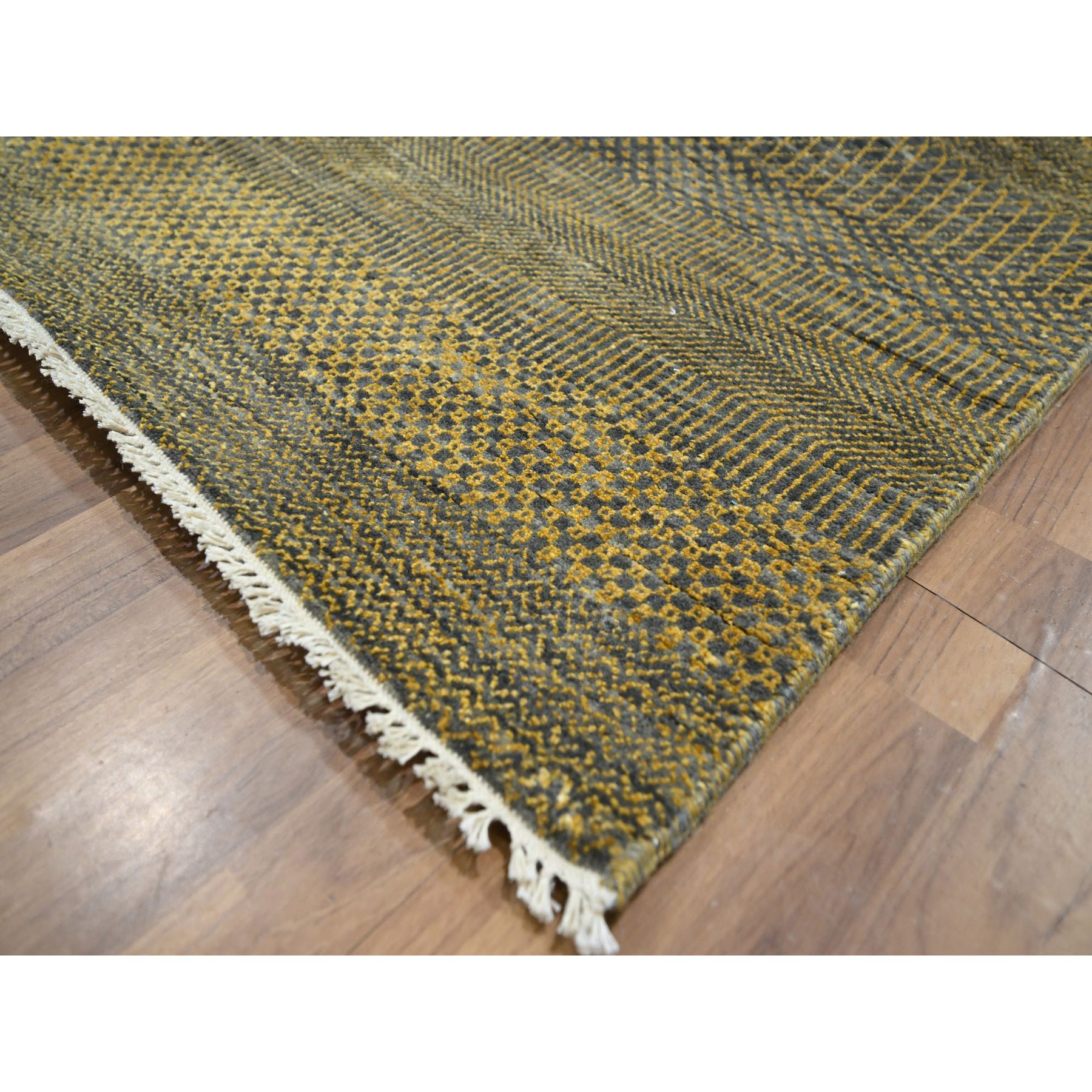 9'2"x12'6" Bone Brown, Modern Grass Design, Hand Knotted, Borderless, Denser Weave, Tone on Tone, Wool and Silk, Lush and Plush, Oriental Rug Sh76323