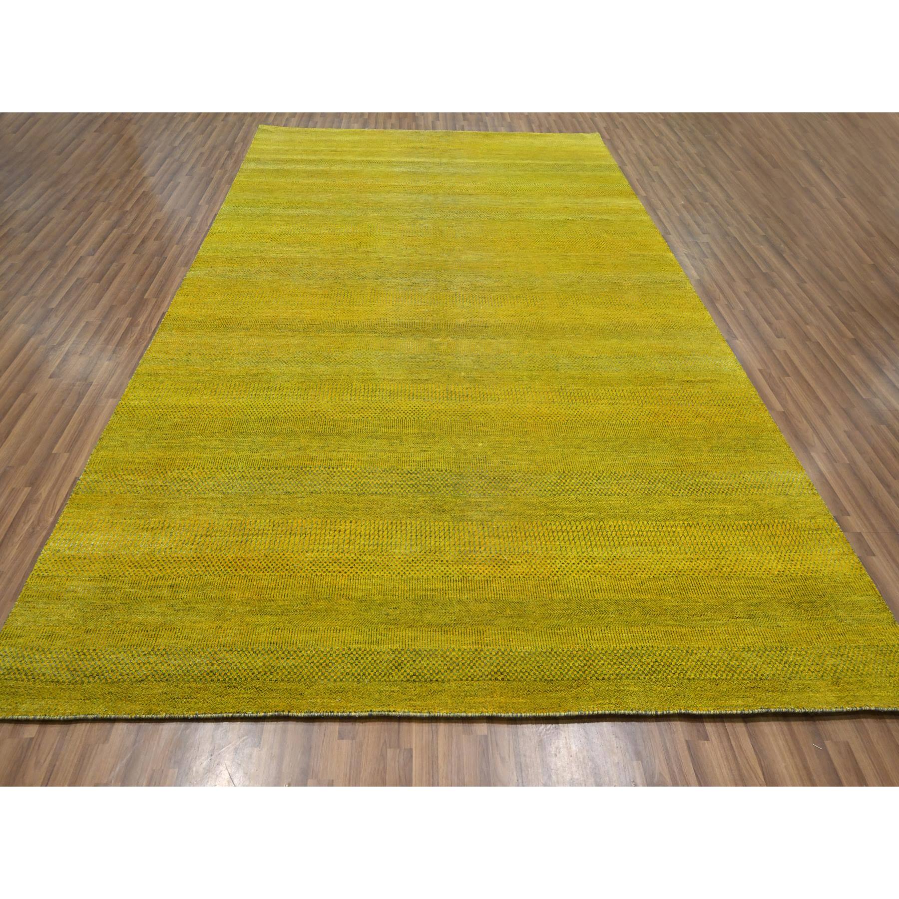 8'10"x12'5" Celylon Yellow, Modern Grass Design, Wool and Silk, Hand Knotted, Borderless, Denser Weave, Tone on Tone, Lush and Plush, Oriental Rug Sh76324