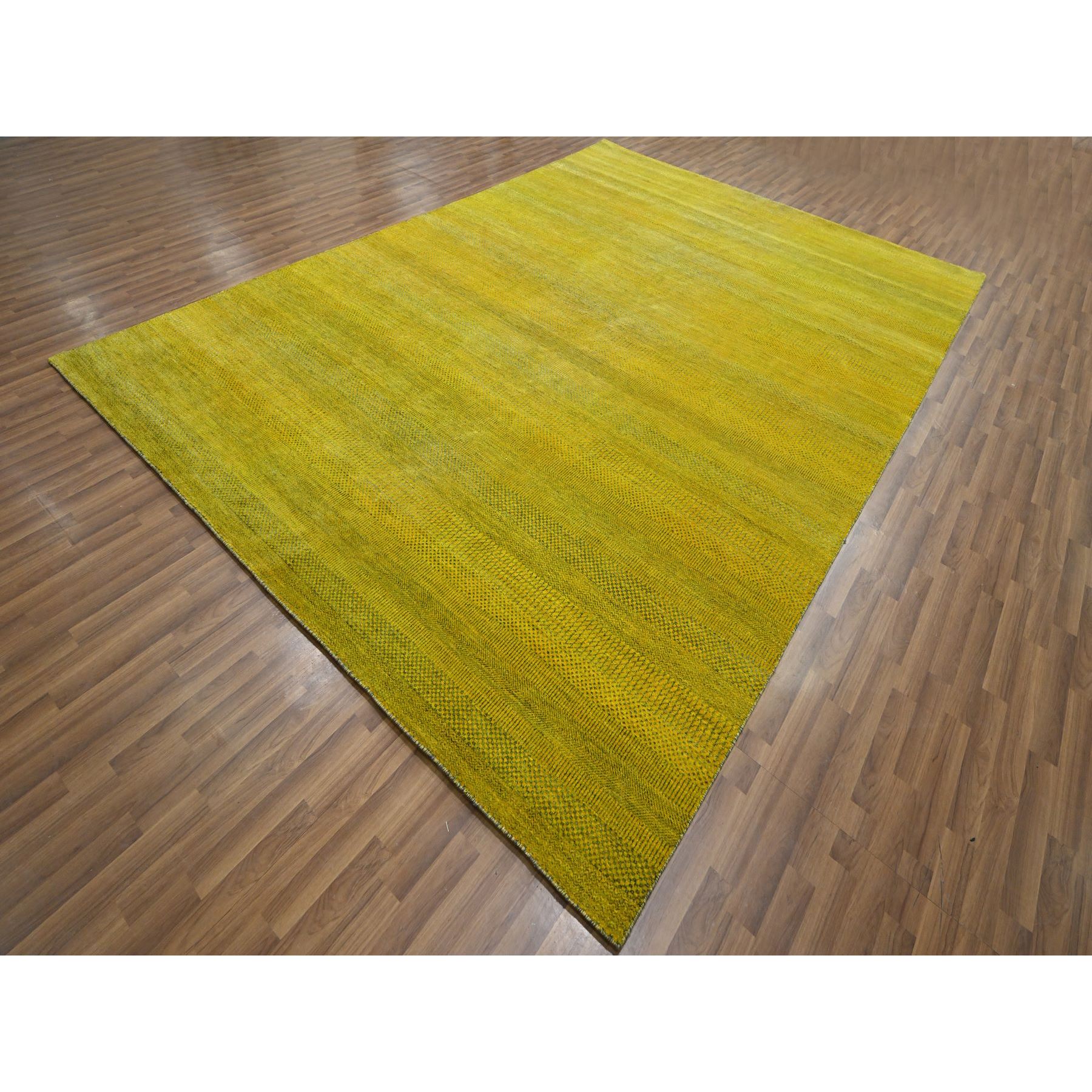 8'10"x12'5" Celylon Yellow, Modern Grass Design, Wool and Silk, Hand Knotted, Borderless, Denser Weave, Tone on Tone, Lush and Plush, Oriental Rug Sh76324