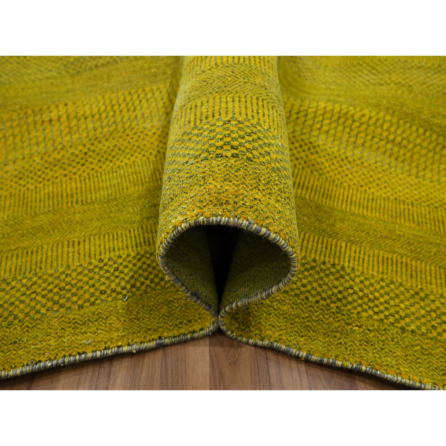 8'10"x12'5" Celylon Yellow, Modern Grass Design, Wool and Silk, Hand Knotted, Borderless, Denser Weave, Tone on Tone, Lush and Plush, Oriental Rug Sh76324