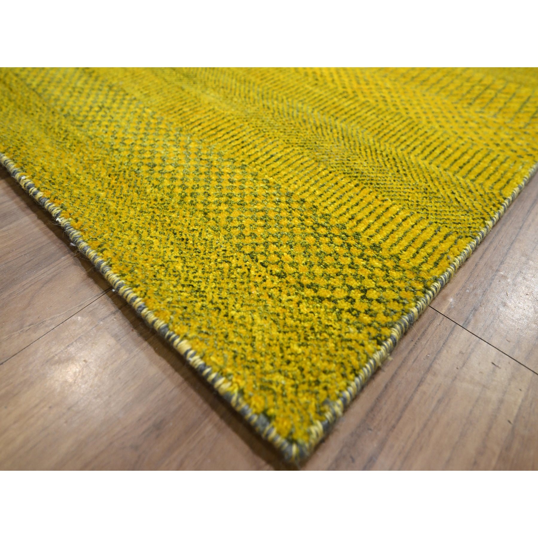 8'10"x12'5" Celylon Yellow, Modern Grass Design, Wool and Silk, Hand Knotted, Borderless, Denser Weave, Tone on Tone, Lush and Plush, Oriental Rug Sh76324