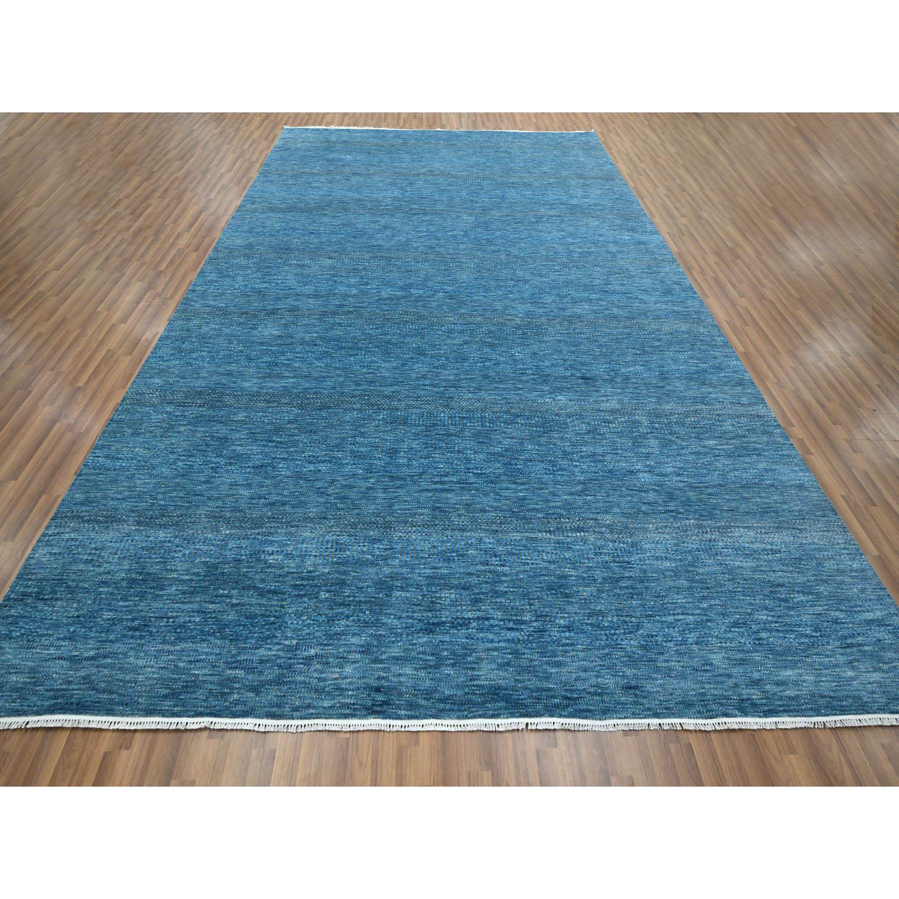 10'x14'2" Vivid Blue, Modern Grass Design, Hand Knotted, Borderless, Denser Weave, Tone on Tone, Wool and Silk, Lush and Plush, Oriental Rug Sh76325
