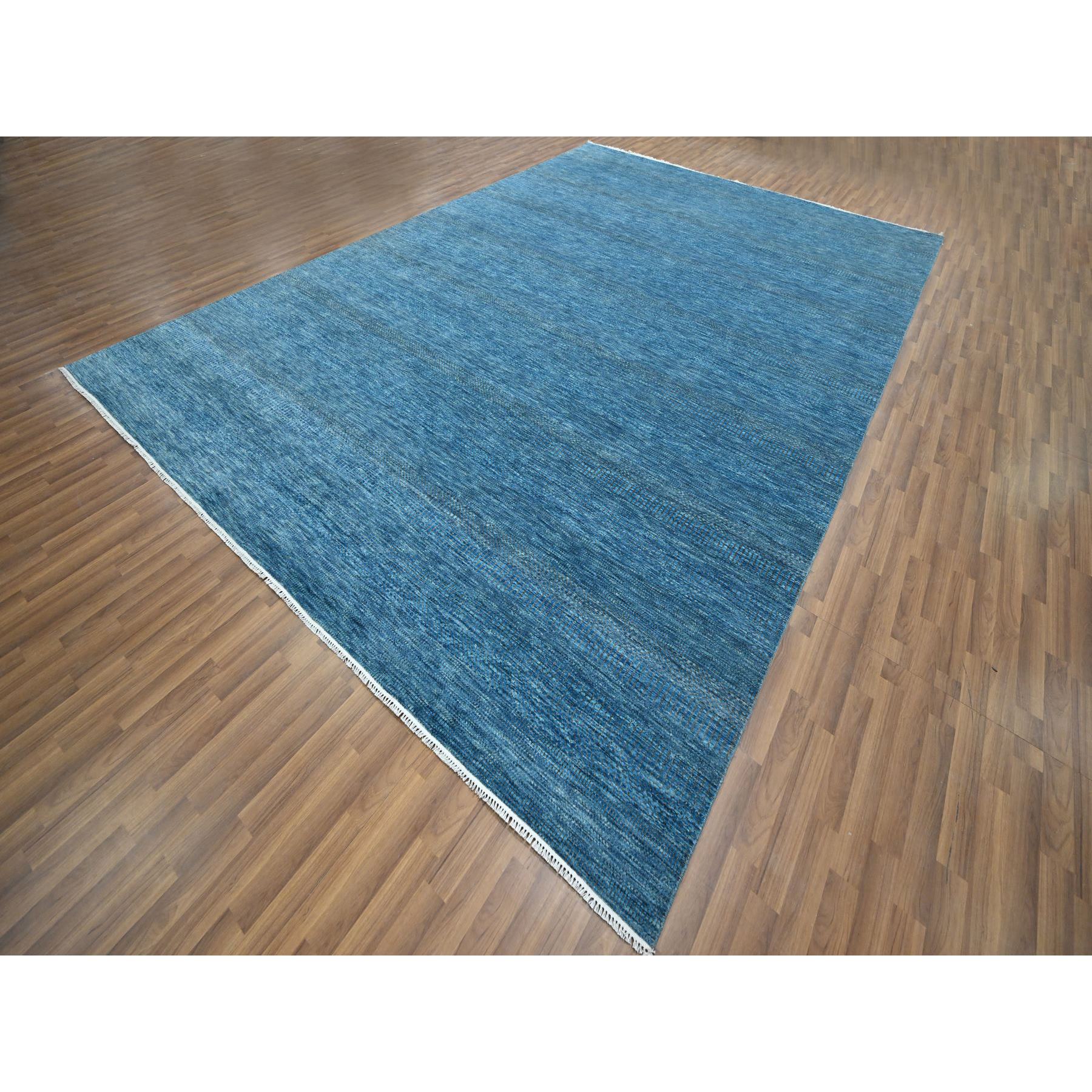 10'x14'2" Vivid Blue, Modern Grass Design, Hand Knotted, Borderless, Denser Weave, Tone on Tone, Wool and Silk, Lush and Plush, Oriental Rug Sh76325