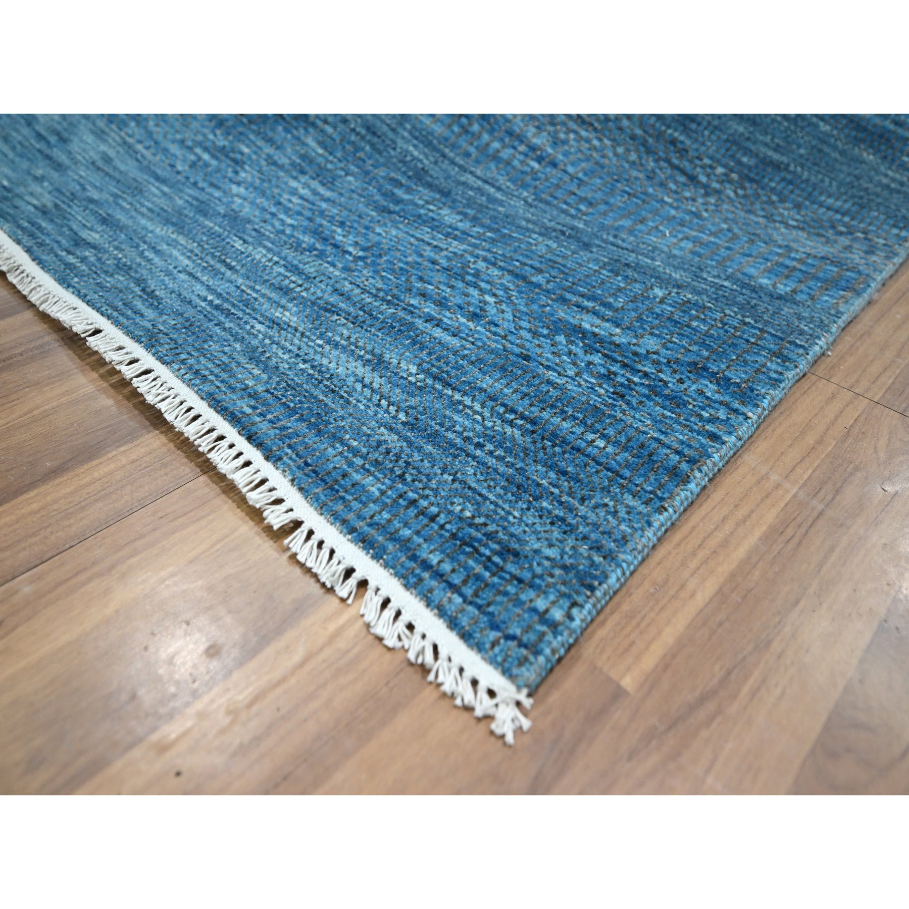 10'x14'2" Vivid Blue, Modern Grass Design, Hand Knotted, Borderless, Denser Weave, Tone on Tone, Wool and Silk, Lush and Plush, Oriental Rug Sh76325