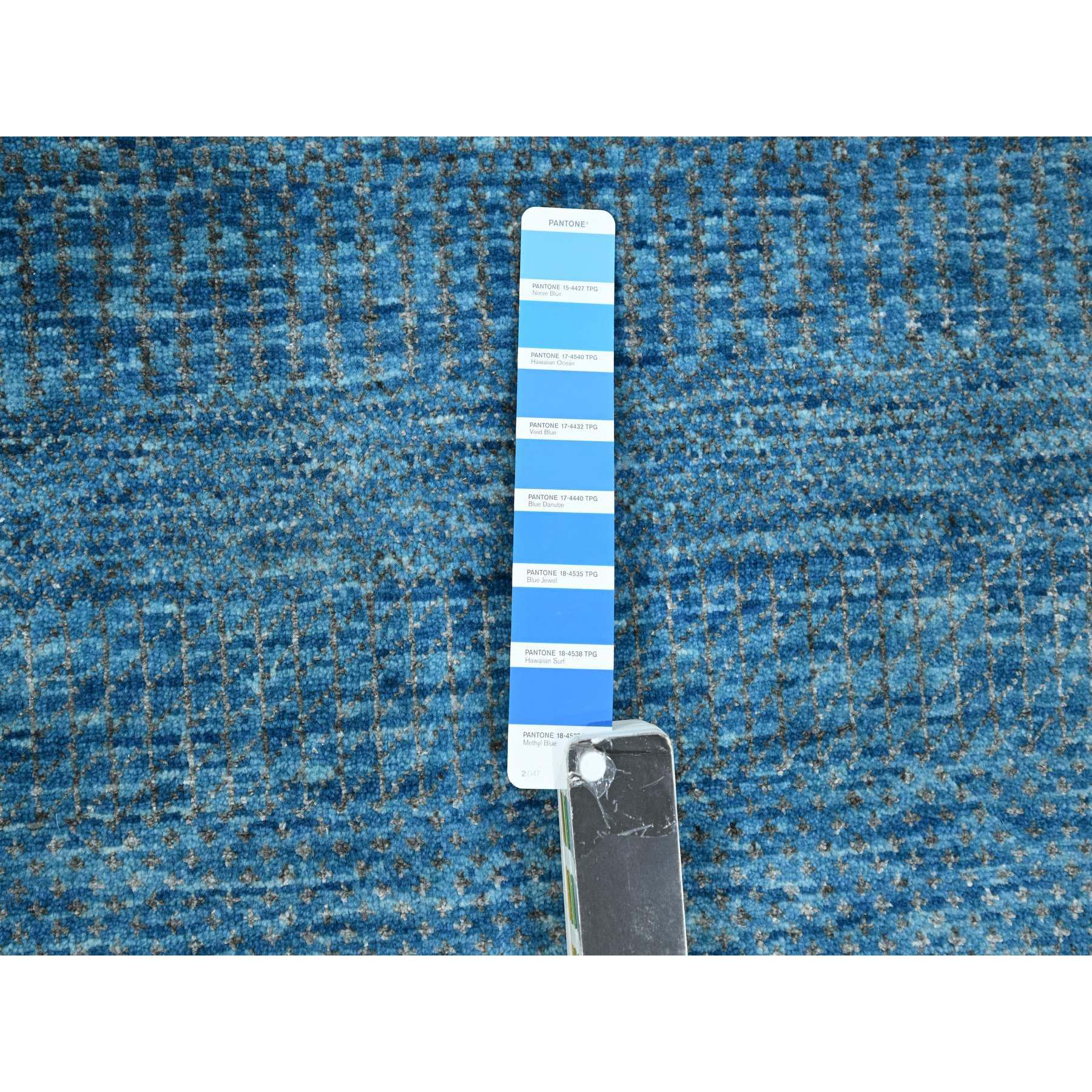 10'x14'2" Vivid Blue, Modern Grass Design, Hand Knotted, Borderless, Denser Weave, Tone on Tone, Wool and Silk, Lush and Plush, Oriental Rug Sh76325