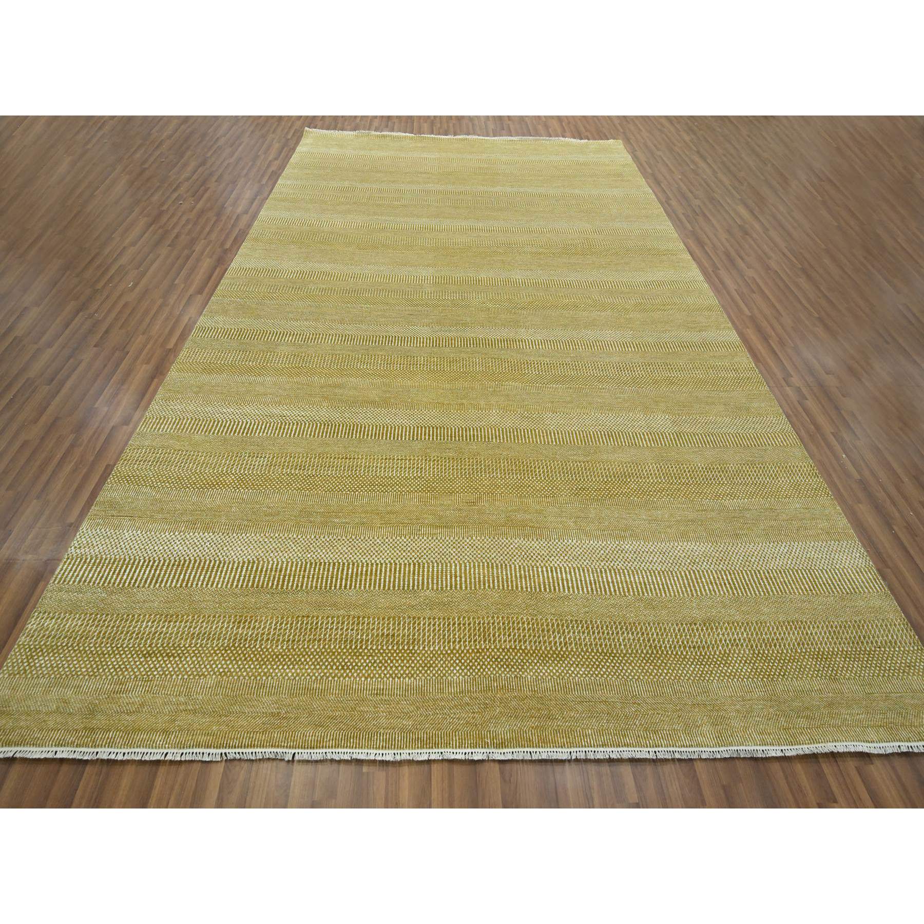 10'2"x14'2" Harvest Gold, Modern Grass Design, Hand Knotted, Borderless, Denser Weave, Wool and Silk, Tone on Tone, Lush and Plush, Oriental Rug Sh76328