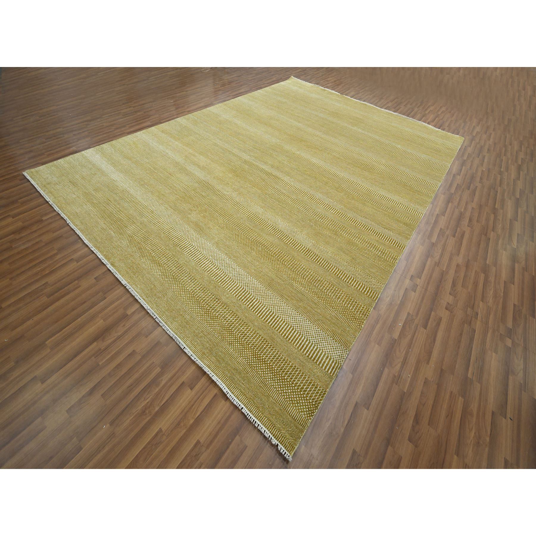 10'2"x14'2" Harvest Gold, Modern Grass Design, Hand Knotted, Borderless, Denser Weave, Wool and Silk, Tone on Tone, Lush and Plush, Oriental Rug Sh76328