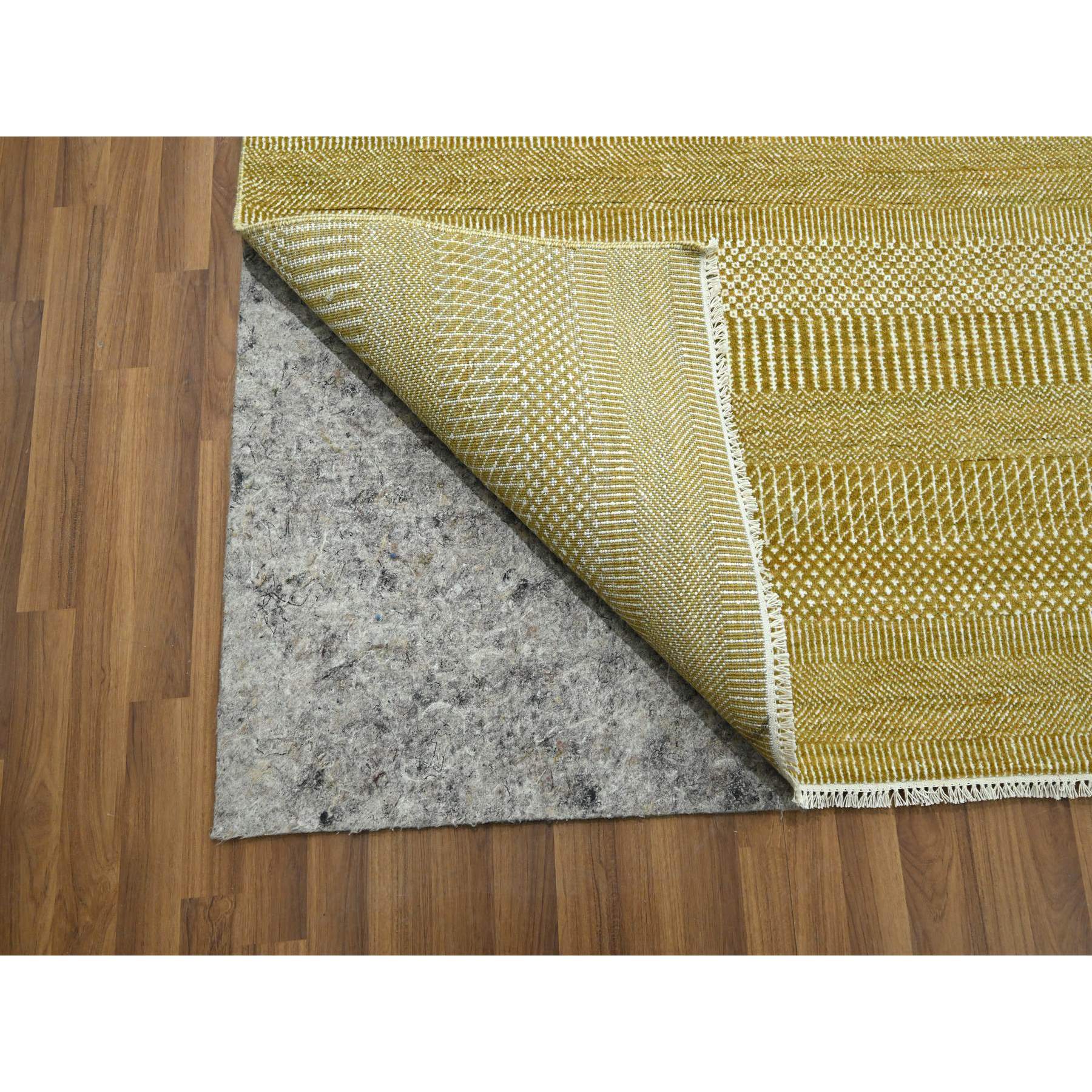 10'2"x14'2" Harvest Gold, Modern Grass Design, Hand Knotted, Borderless, Denser Weave, Wool and Silk, Tone on Tone, Lush and Plush, Oriental Rug Sh76328
