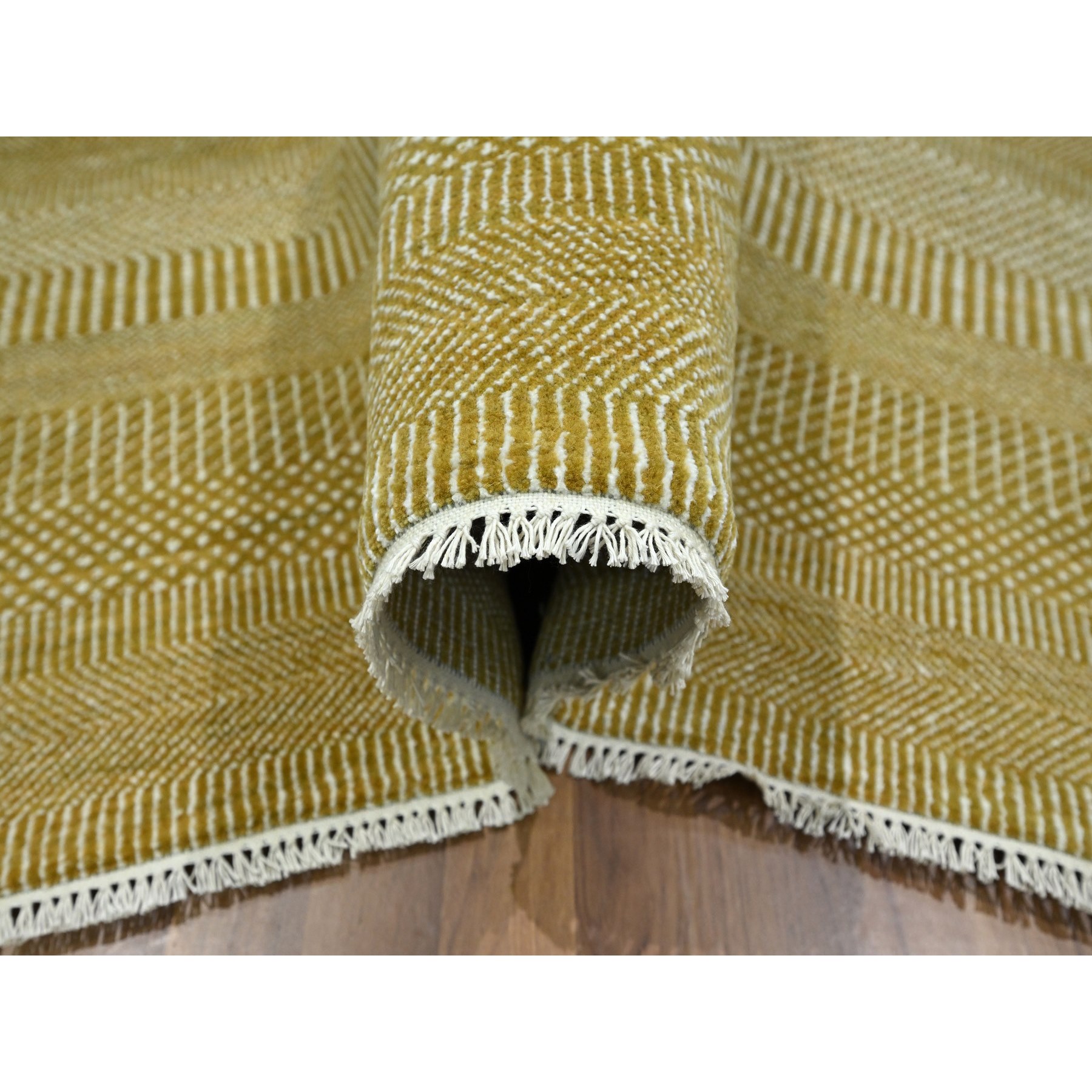 10'2"x14'2" Harvest Gold, Modern Grass Design, Hand Knotted, Borderless, Denser Weave, Wool and Silk, Tone on Tone, Lush and Plush, Oriental Rug Sh76328