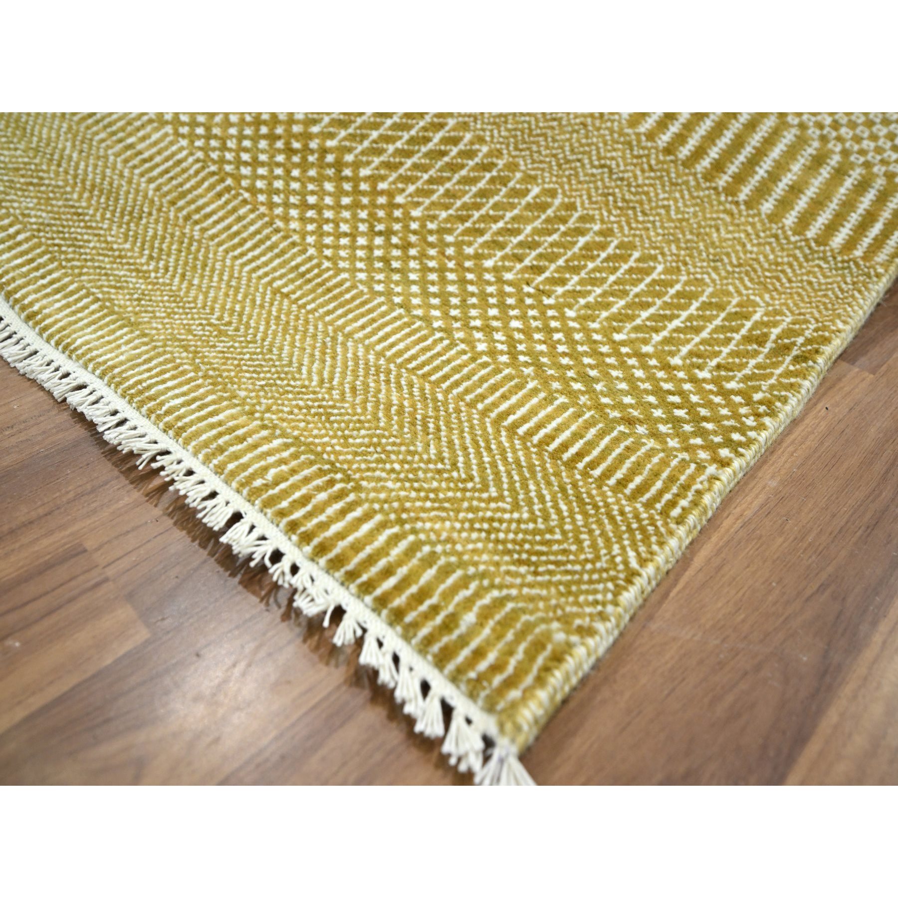 10'2"x14'2" Harvest Gold, Modern Grass Design, Hand Knotted, Borderless, Denser Weave, Wool and Silk, Tone on Tone, Lush and Plush, Oriental Rug Sh76328