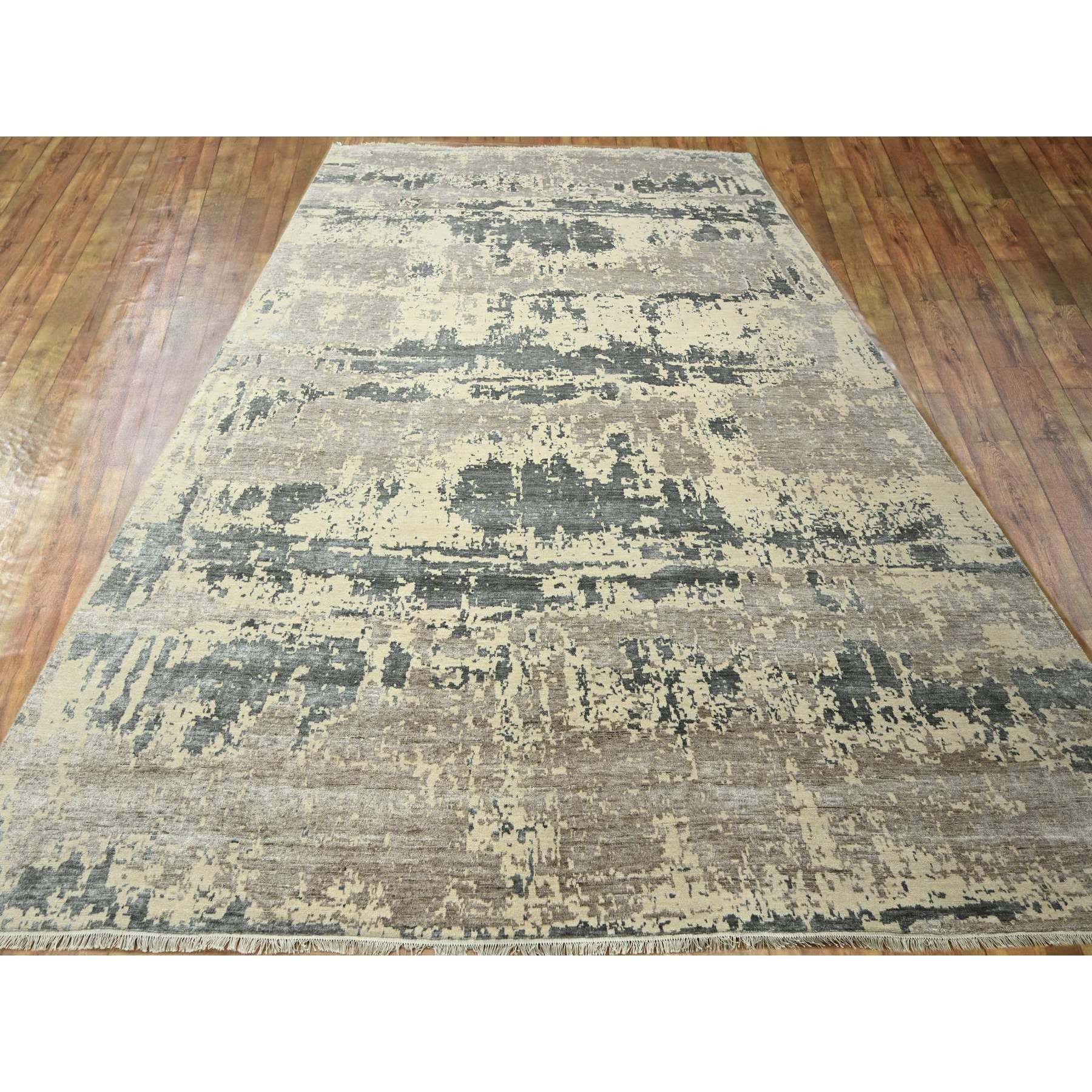 11'10"x15' Charcoal Gray & Beige, Modern Abstract Design with Natural Colors, Wool and Silk, Hand Knotted, Oversized, Oriental Rug Sh76331