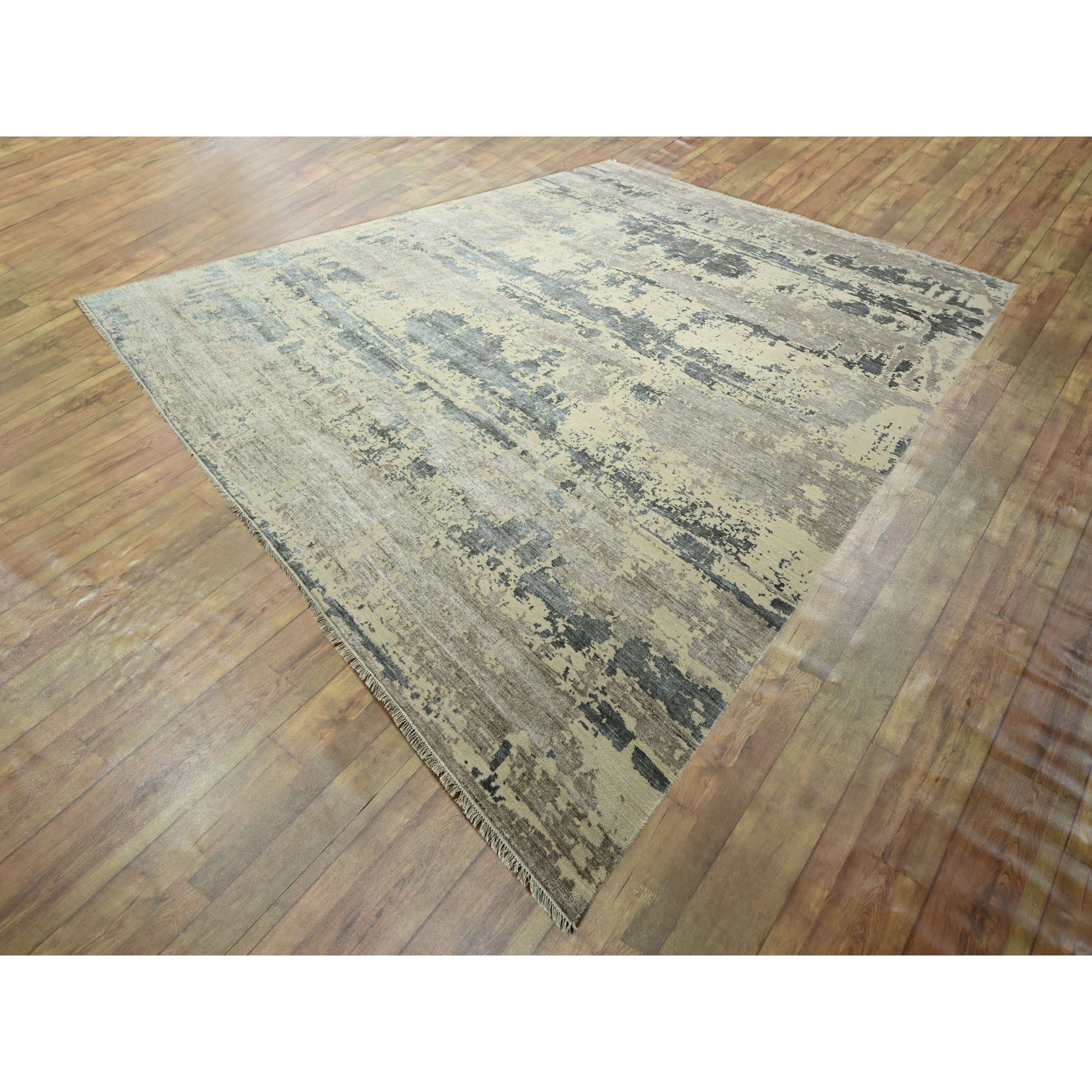 11'10"x15' Charcoal Gray & Beige, Modern Abstract Design with Natural Colors, Wool and Silk, Hand Knotted, Oversized, Oriental Rug Sh76331