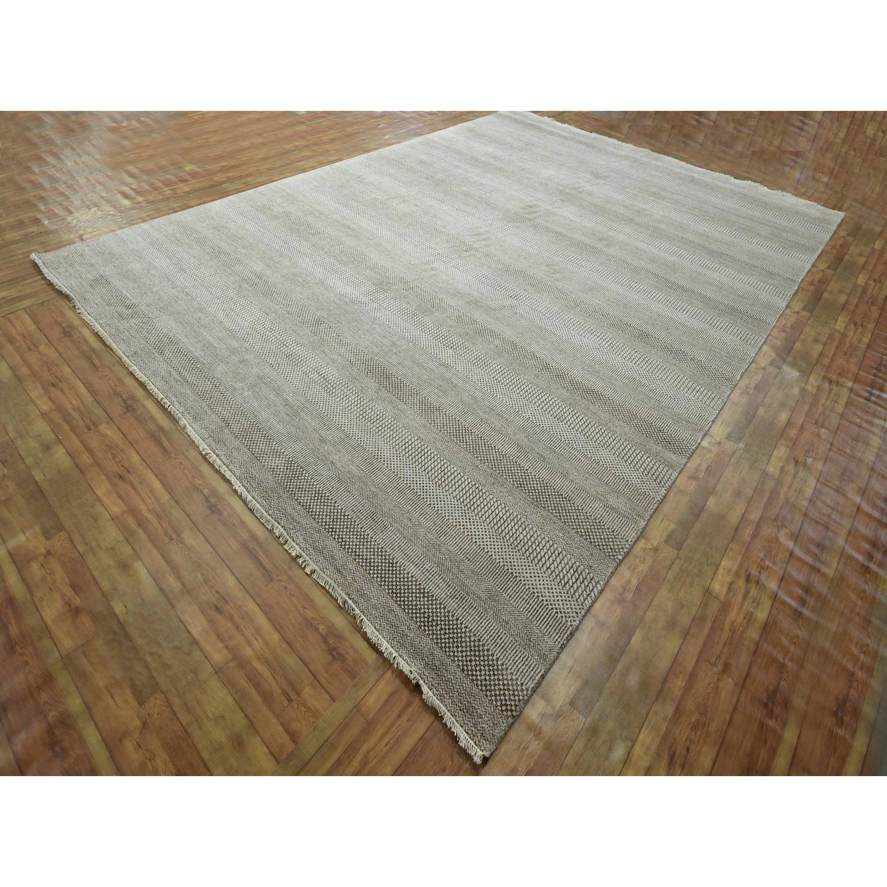 10'x14' Dark Vanilla Brown, Modern Grass Design, Wool and Silk, Hand Knotted, Borderless, Denser Weave, Tone on Tone, Lush and Plush, Oriental Rug Sh76333