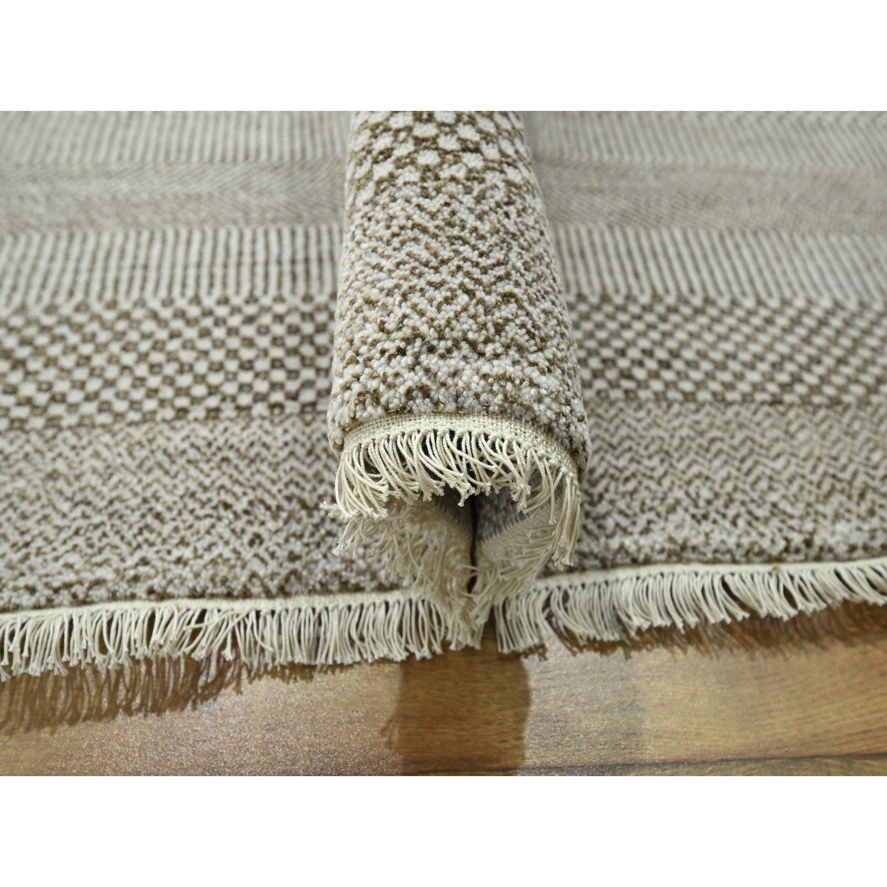 10'x14' Dark Vanilla Brown, Modern Grass Design, Wool and Silk, Hand Knotted, Borderless, Denser Weave, Tone on Tone, Lush and Plush, Oriental Rug Sh76333