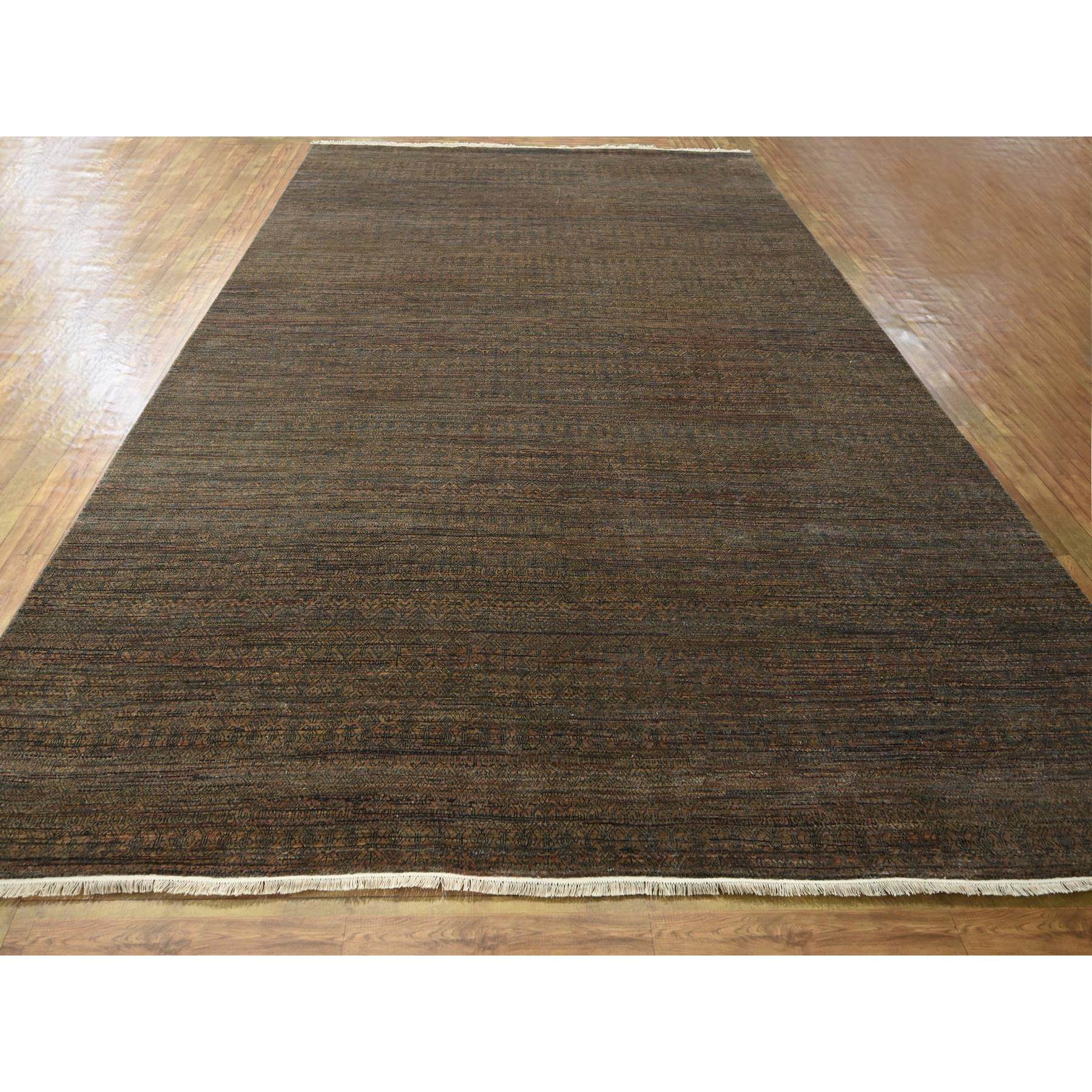 10'x14' Cinnamon Brown, Modern Grass Design, Hand Knotted, Borderless, Denser Weave, Tone on Tone, Wool and Silk, Lush and Plush, Oriental Rug Sh76334