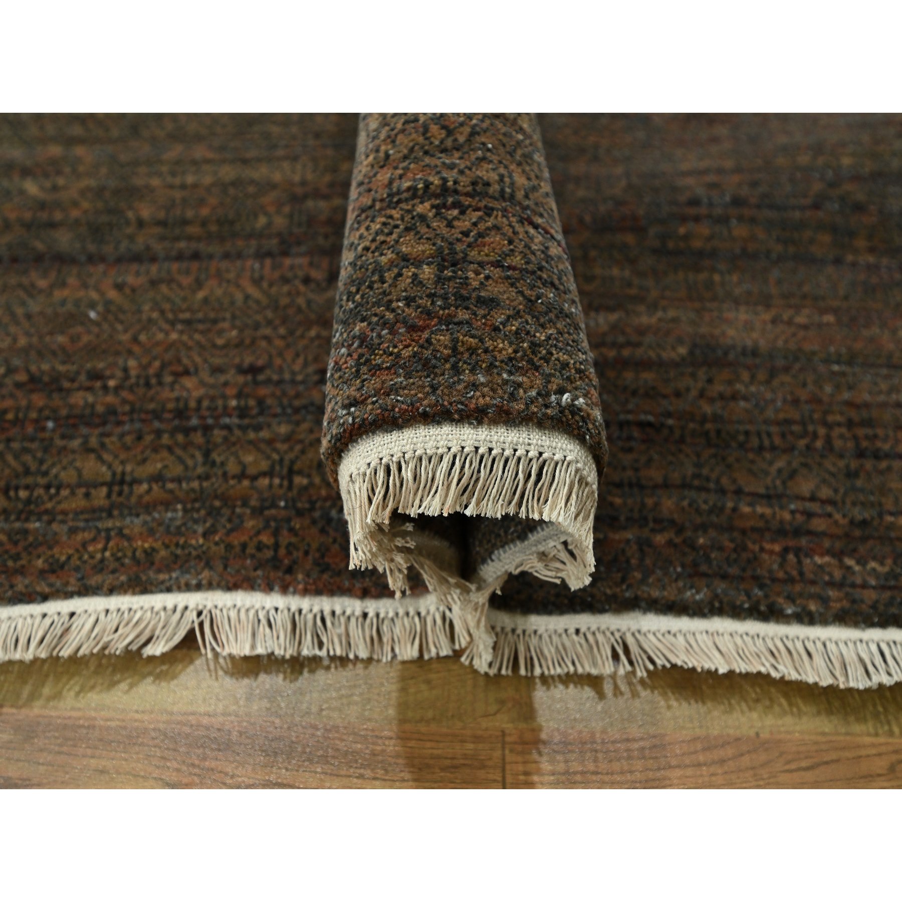 10'x14' Cinnamon Brown, Modern Grass Design, Hand Knotted, Borderless, Denser Weave, Tone on Tone, Wool and Silk, Lush and Plush, Oriental Rug Sh76334