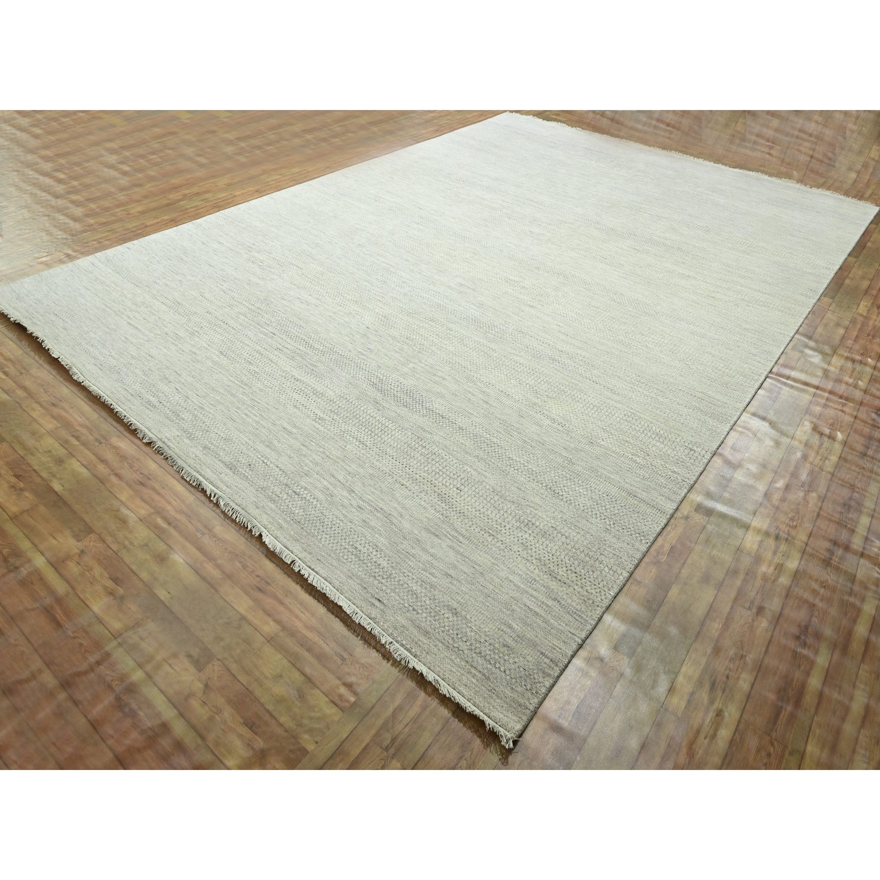 10'x14' Bone White, Modern Grass Design, Hand Knotted, Borderless, Denser Weave, Tone on Tone, Wool and Silk, Lush and Plush, Oriental Rug Sh76335