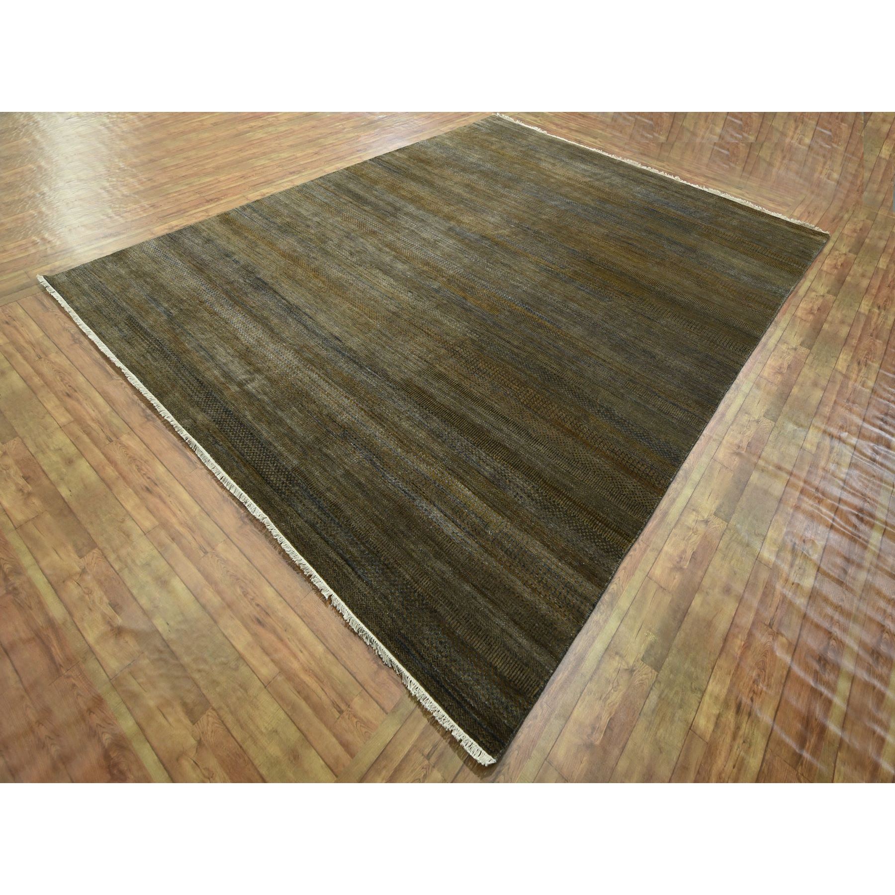9'x11'10" Chocolate Brown, Modern Grass Design, Hand Knotted, Borderless, Denser Weave, Tone on Tone, Wool and Silk, Lush and Plush, Oriental Rug Sh76336