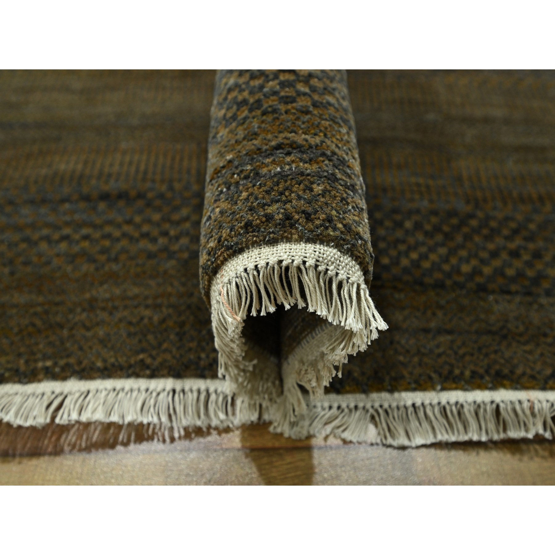 9'x11'10" Chocolate Brown, Modern Grass Design, Hand Knotted, Borderless, Denser Weave, Tone on Tone, Wool and Silk, Lush and Plush, Oriental Rug Sh76336