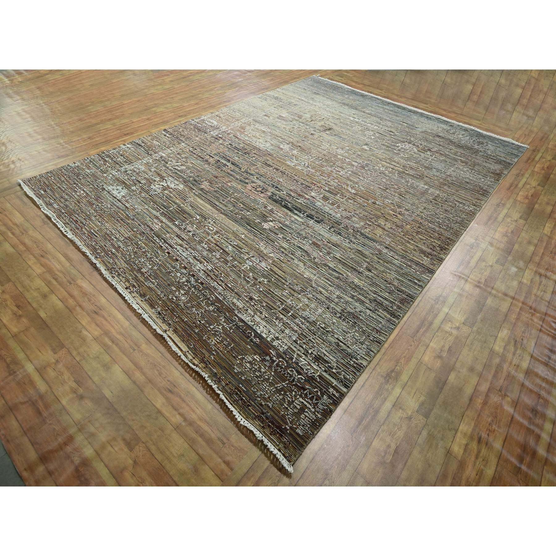 8'10"x12' Chipmunk Brown, Erased and Broken Line Design, Wool & Silk, Hand Knotted, Hi and Low, Oriental Rug Sh76337