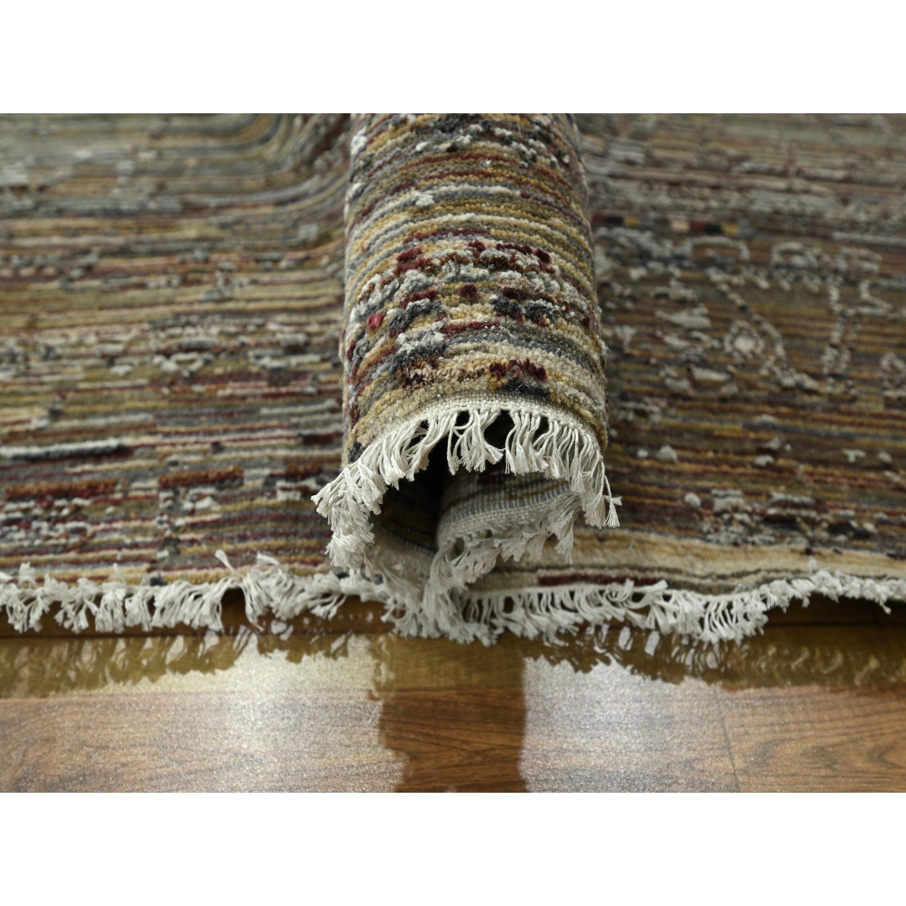 8'10"x12' Chipmunk Brown, Erased and Broken Line Design, Wool & Silk, Hand Knotted, Hi and Low, Oriental Rug Sh76337