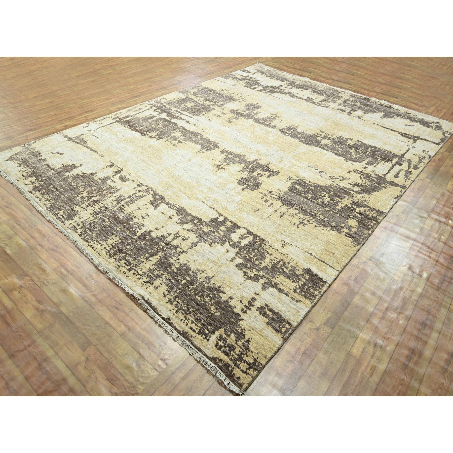 9'x12' Ivory & Chocolate Brown, Modern Abstract Design with Natural Colors, Hand Knotted, Wool and Silk, Oriental Rug Sh76340