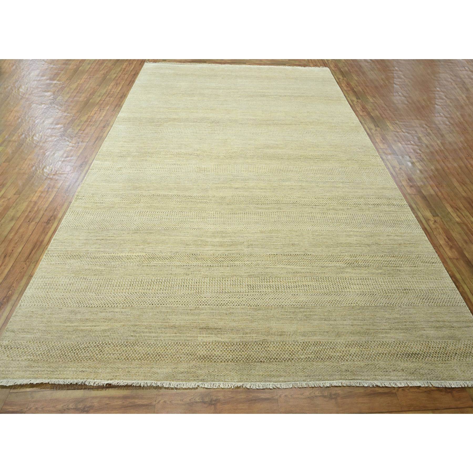 9'1"x12'3" Ecru Brown, Modern Grass Design, Hand Knotted, Borderless, Tone on Tone, Wool and Silk, Denser Weave, Lush and Plush, Oriental Rug Sh76341