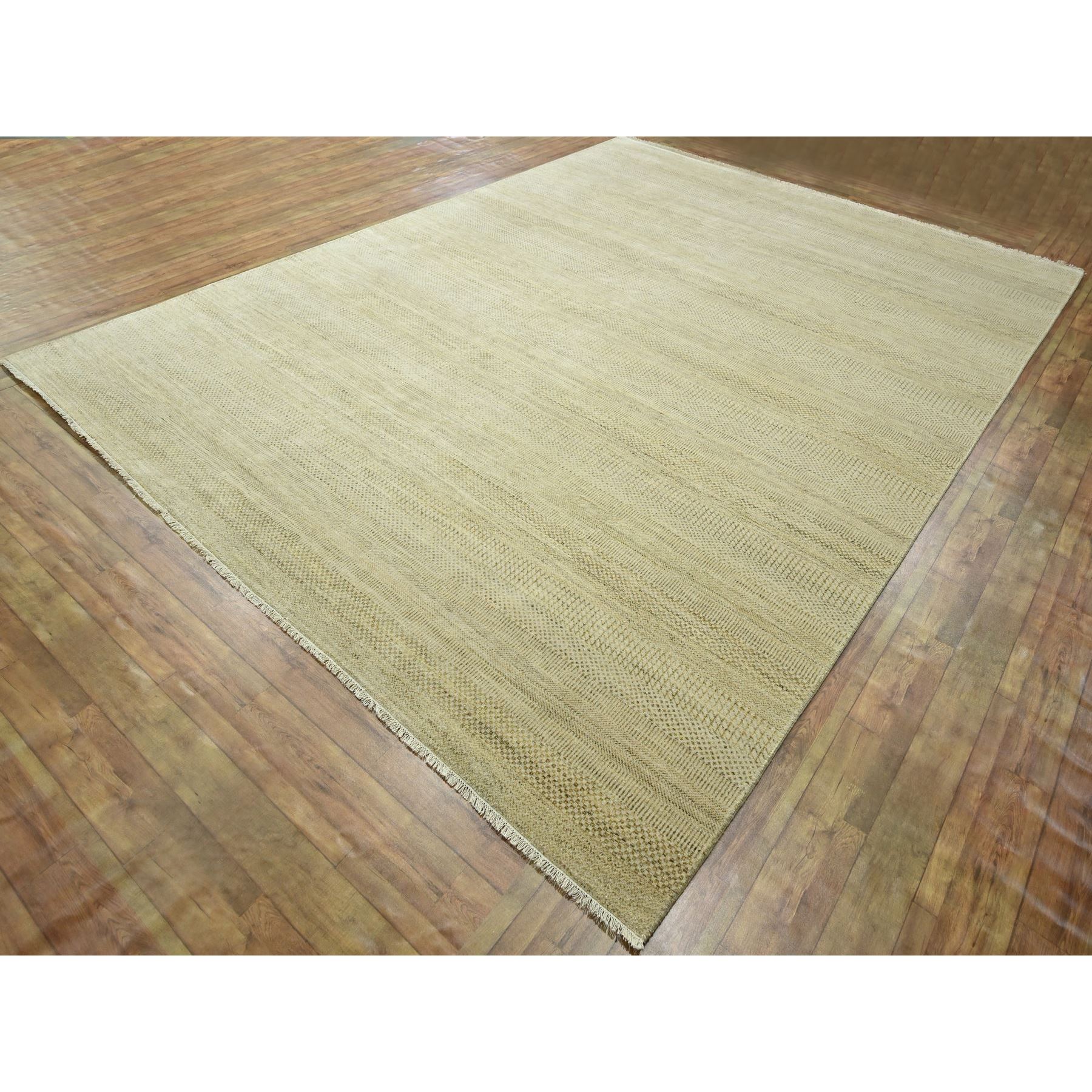 9'1"x12'3" Ecru Brown, Modern Grass Design, Hand Knotted, Borderless, Tone on Tone, Wool and Silk, Denser Weave, Lush and Plush, Oriental Rug Sh76341