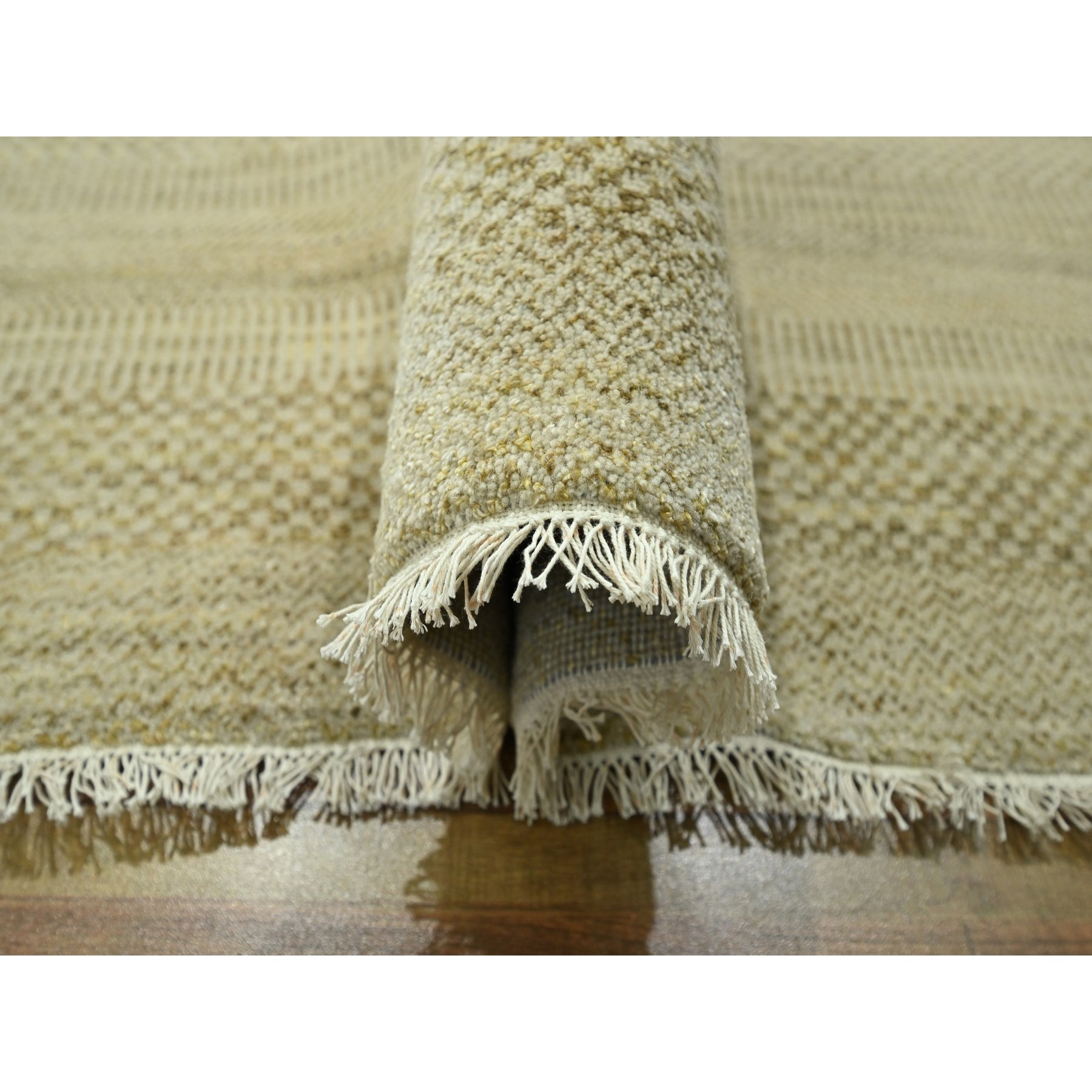 9'1"x12'3" Ecru Brown, Modern Grass Design, Hand Knotted, Borderless, Tone on Tone, Wool and Silk, Denser Weave, Lush and Plush, Oriental Rug Sh76341