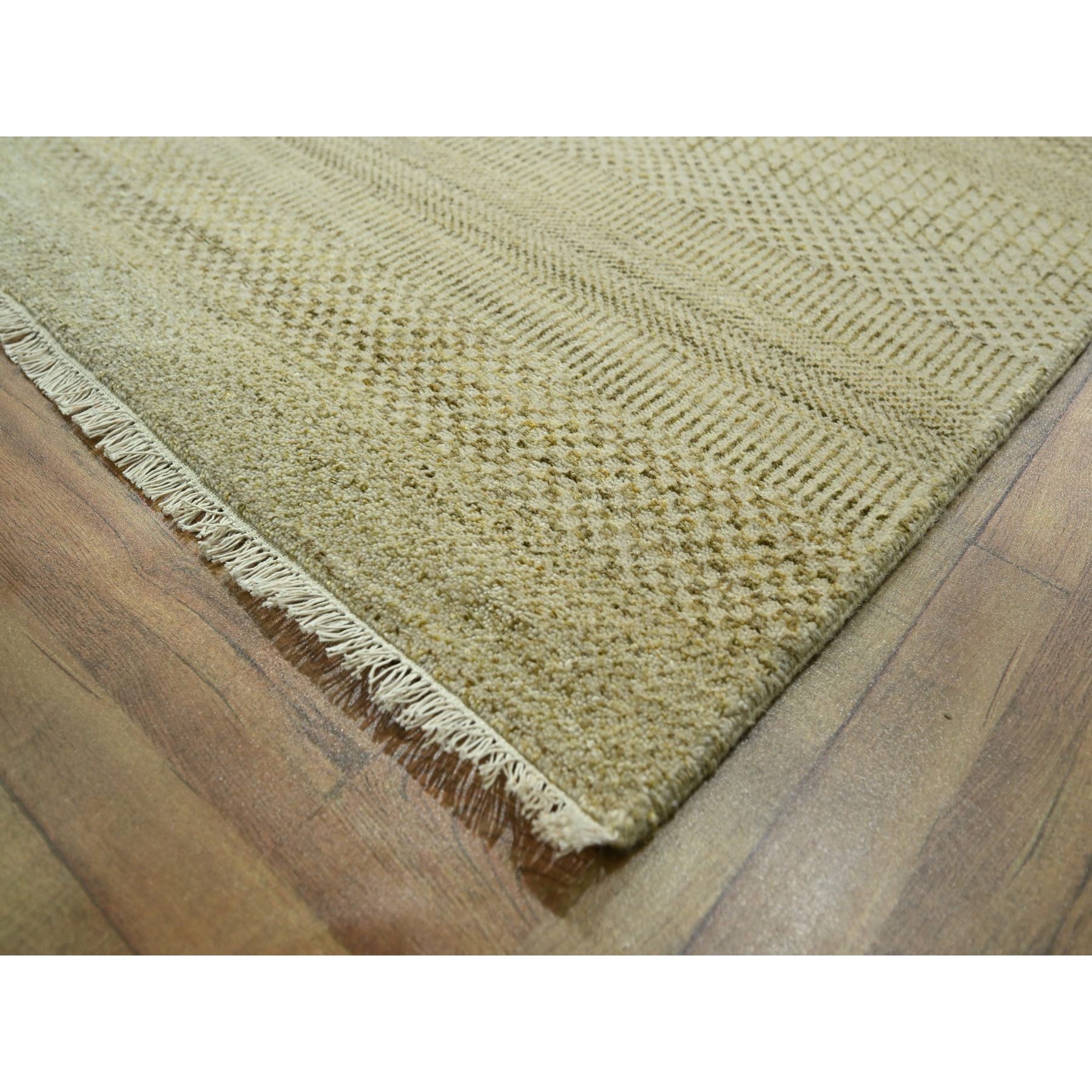 9'1"x12'3" Ecru Brown, Modern Grass Design, Hand Knotted, Borderless, Tone on Tone, Wool and Silk, Denser Weave, Lush and Plush, Oriental Rug Sh76341