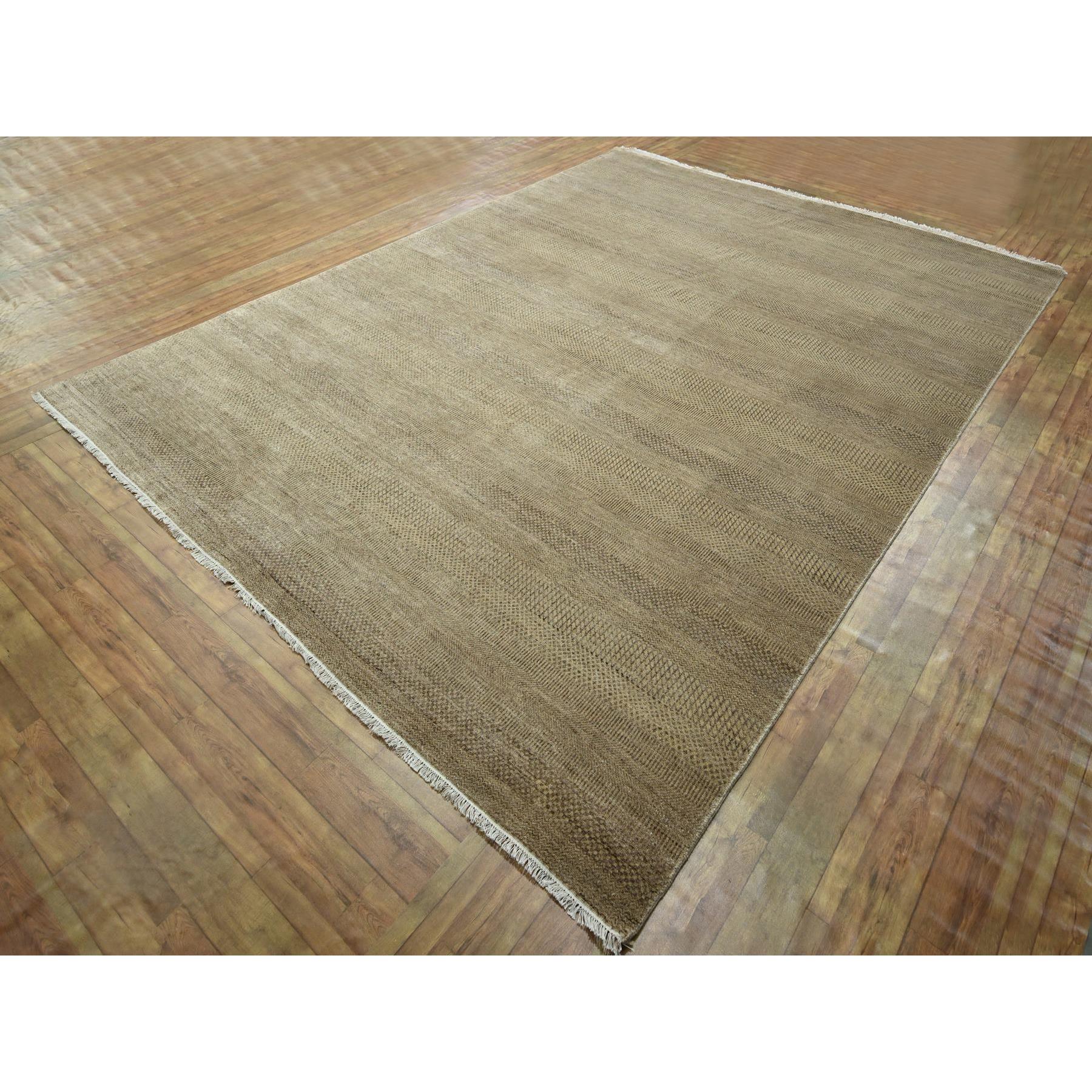 8'10"x12' Nuthatch Brown, Modern Grass Design, Hand Knotted, Denser Weave, Tone on Tone, Borderless, Wool and Silk, Lush and Plush, Oriental Rug Sh76342
