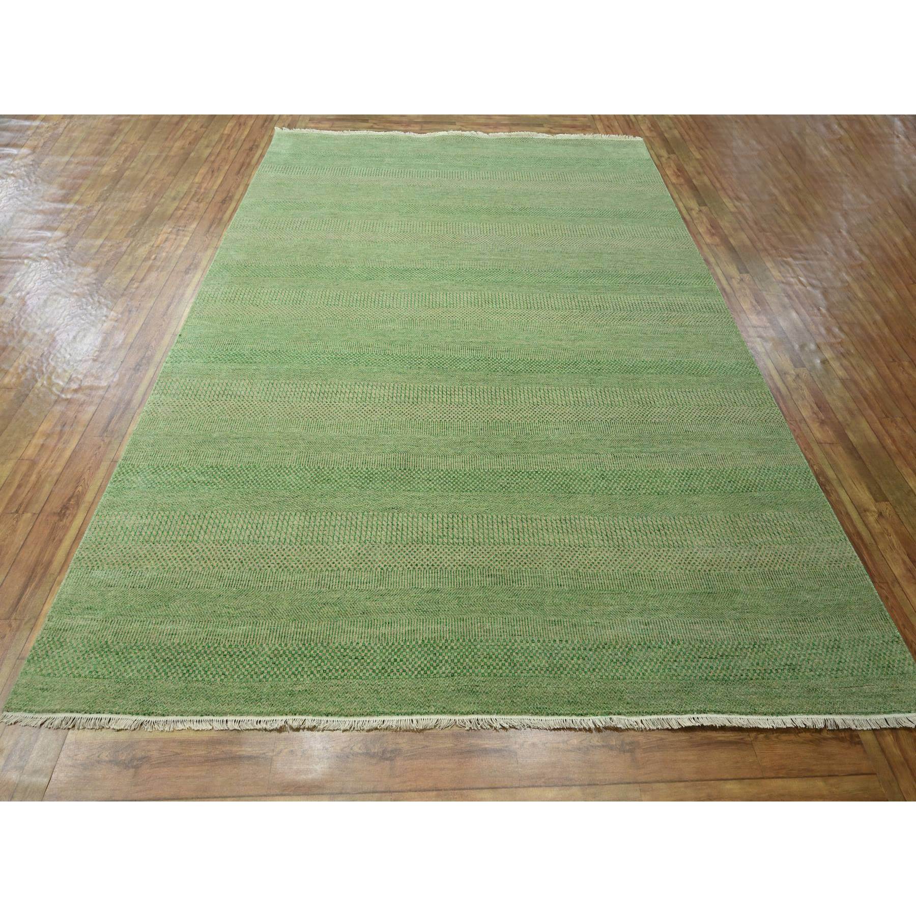 8'1"x10'3" Peppermint Green, Modern Grass Design, Hand Knotted, Denser Weave, Tone on Tone, Borderless, Wool and Silk, Lush and Plush, Oriental Rug Sh76343