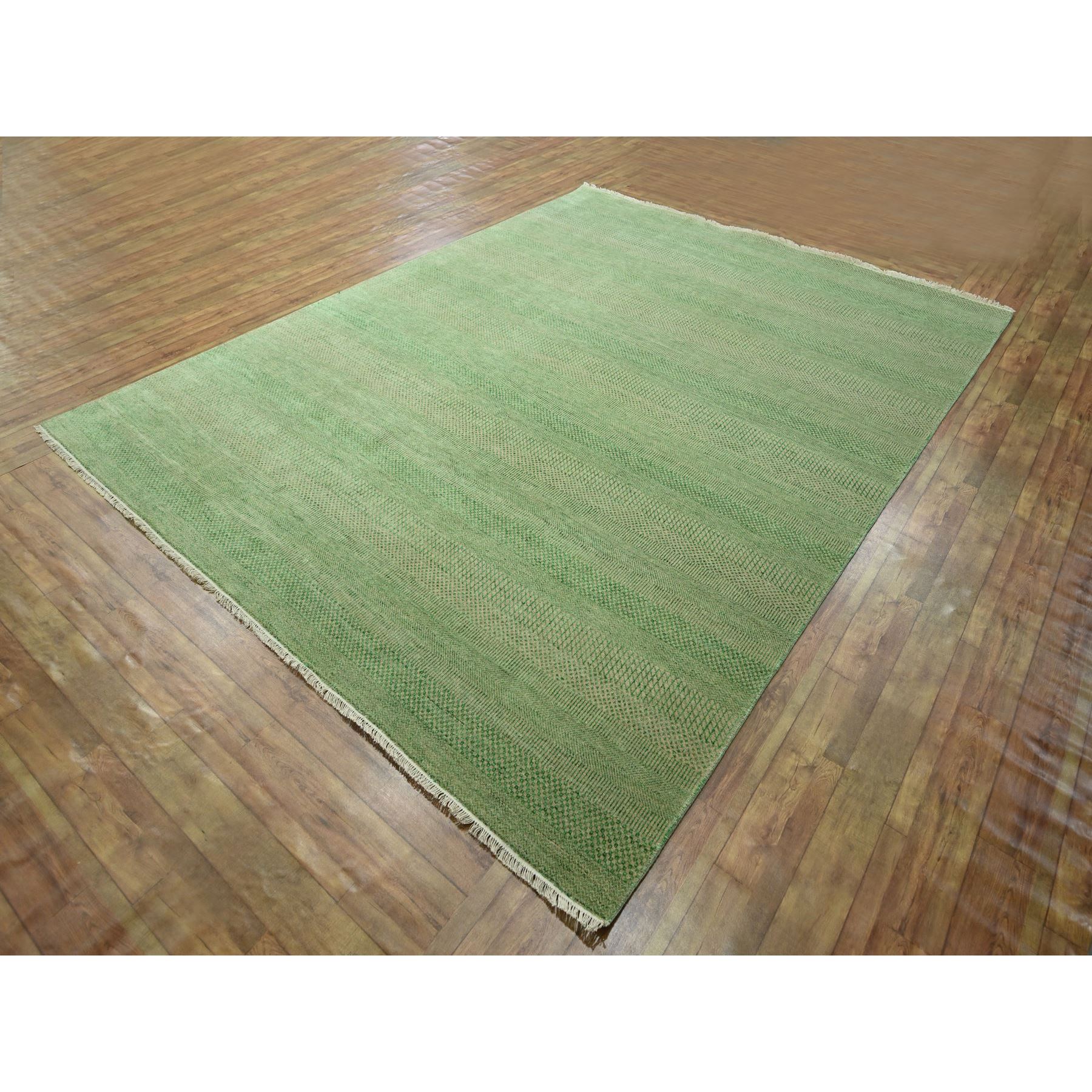 8'1"x10'3" Peppermint Green, Modern Grass Design, Hand Knotted, Denser Weave, Tone on Tone, Borderless, Wool and Silk, Lush and Plush, Oriental Rug Sh76343