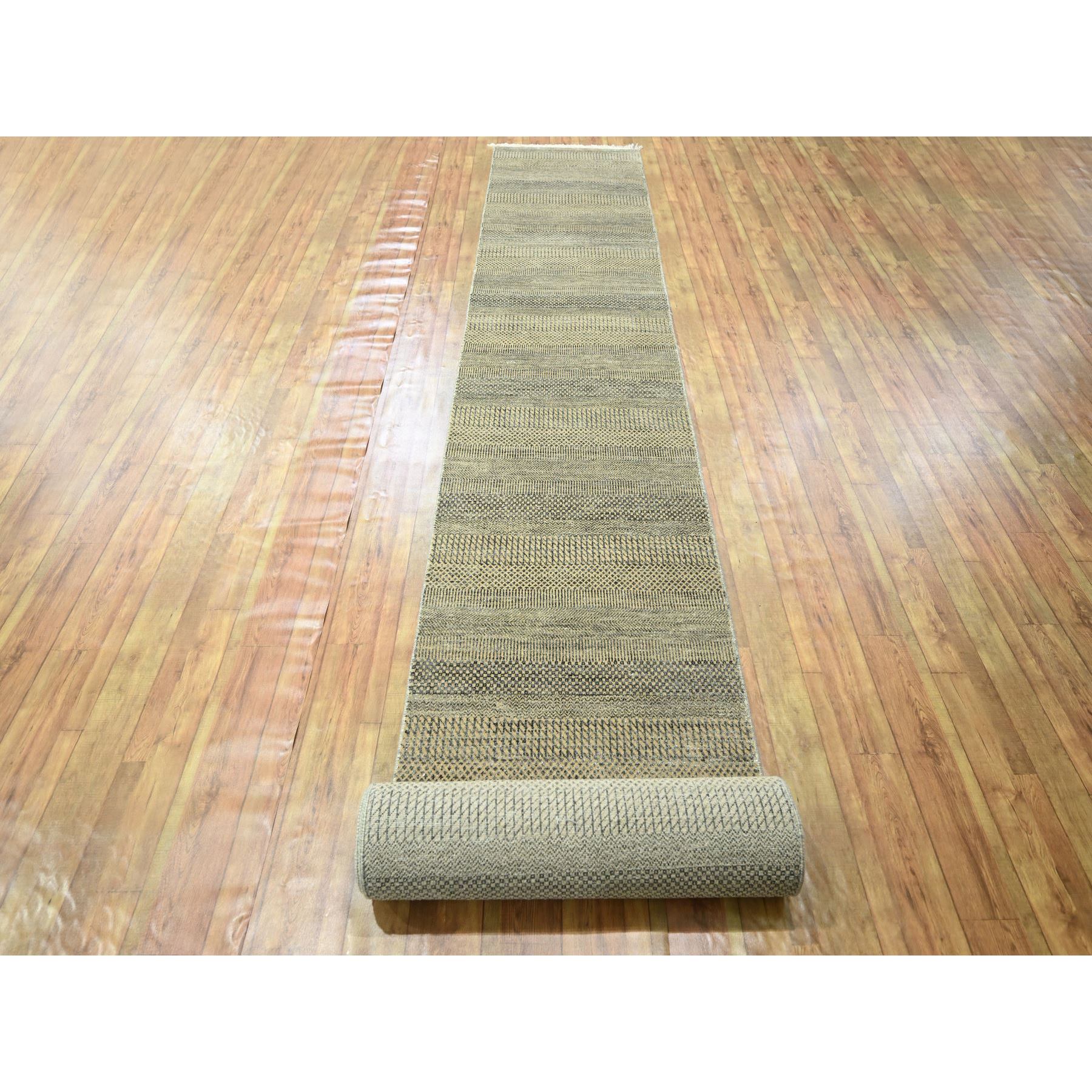 2'6"x20'4" Ecru Brown, Modern Grass Design, Hand Knotted, Wool and Silk, Denser Weave, Tone on Tone, Lush and Plush, Borderless, XL Runner, Oriental Rug Sh76348