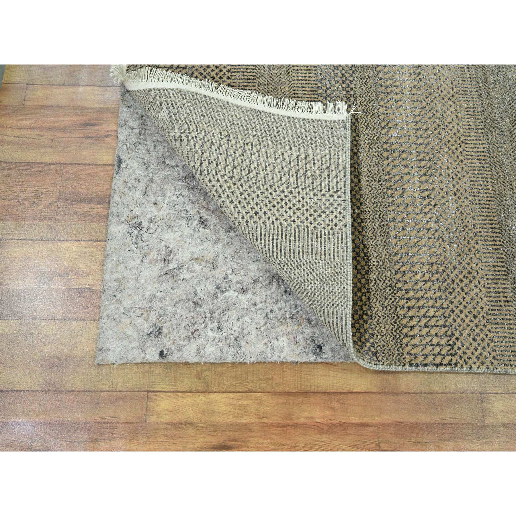 2'6"x20'4" Ecru Brown, Modern Grass Design, Hand Knotted, Wool and Silk, Denser Weave, Tone on Tone, Lush and Plush, Borderless, XL Runner, Oriental Rug Sh76348