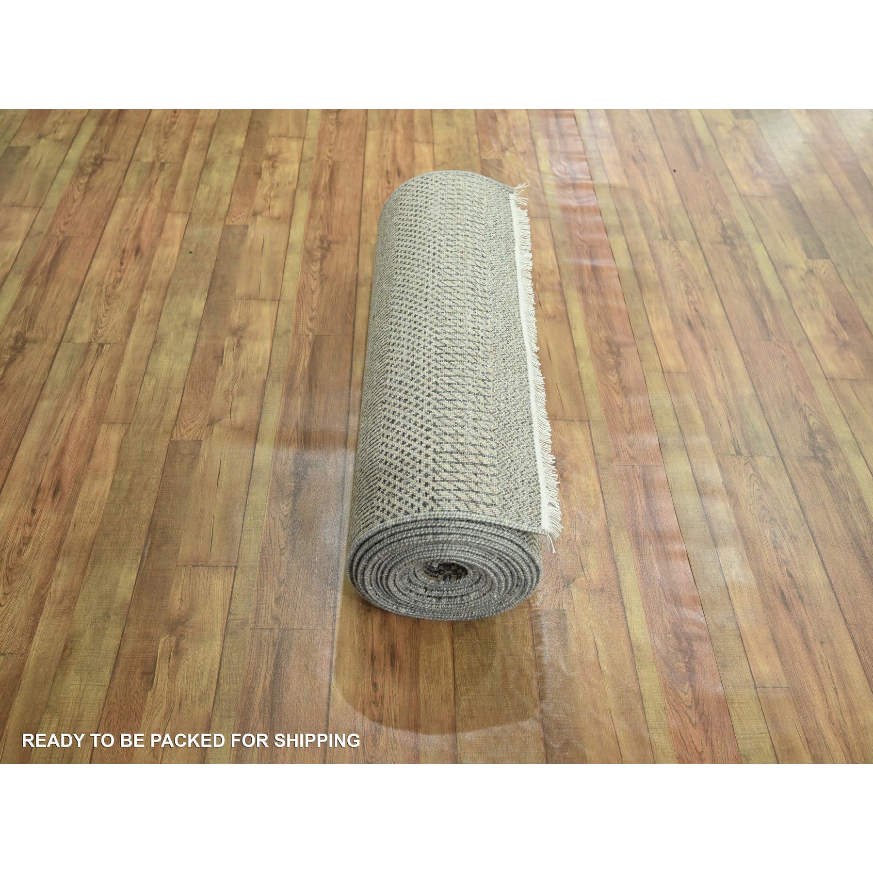 2'6"x20'4" Ecru Brown, Modern Grass Design, Hand Knotted, Wool and Silk, Denser Weave, Tone on Tone, Lush and Plush, Borderless, XL Runner, Oriental Rug Sh76348