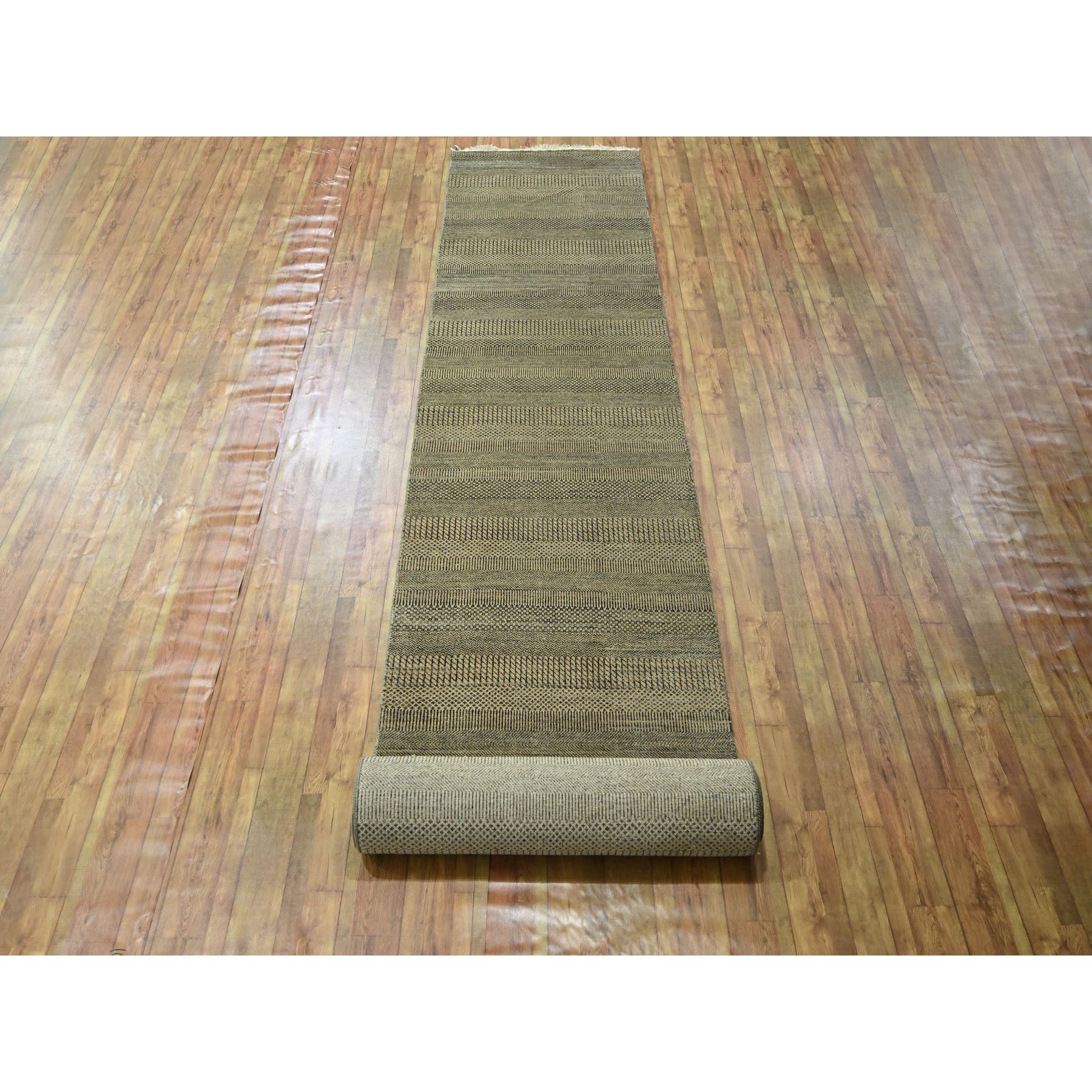 3'x21'10" Dark Vanilla Brown, Modern Grass Design, Wool and Silk, Hand Knotted, Borderless, Denser Weave, Tone on Tone, Lush and Plush, XL Runner, Oriental Rug Sh76350