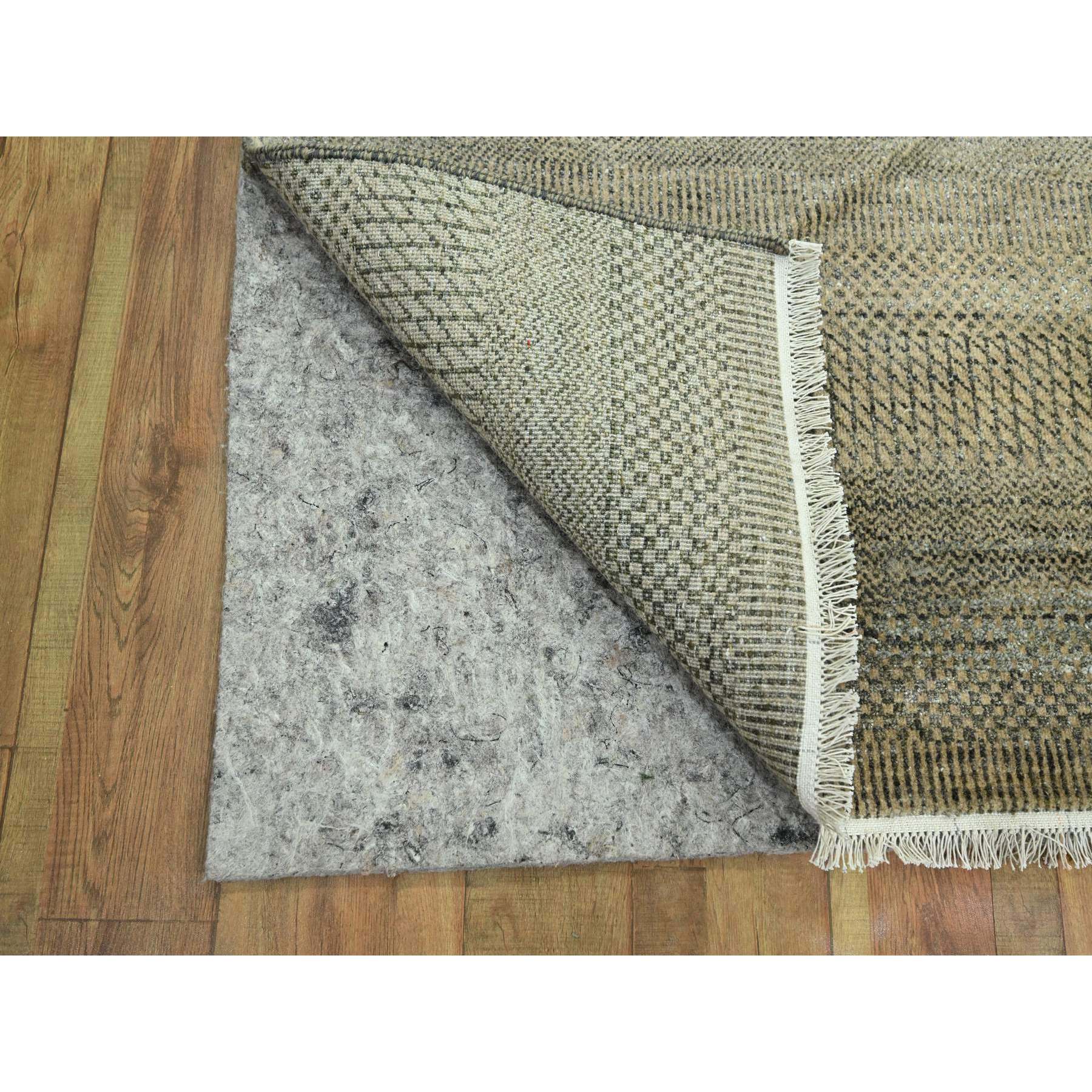3'x21'10" Ecru Brown, Modern Grass Design, Hand Knotted, Borderless, Denser Weave, Tone on Tone, Wool and Silk, Lush and Plush, XL Runner, Oriental Rug Sh76351