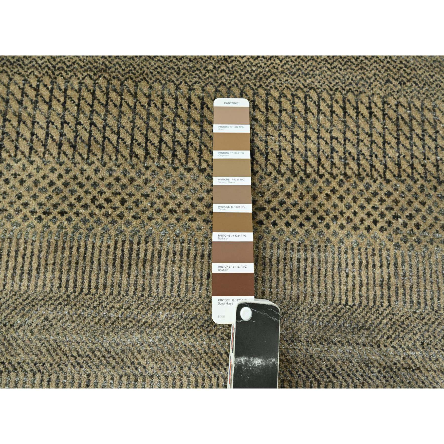 3'x21'10" Ecru Brown, Modern Grass Design, Hand Knotted, Borderless, Denser Weave, Tone on Tone, Wool and Silk, Lush and Plush, XL Runner, Oriental Rug Sh76351
