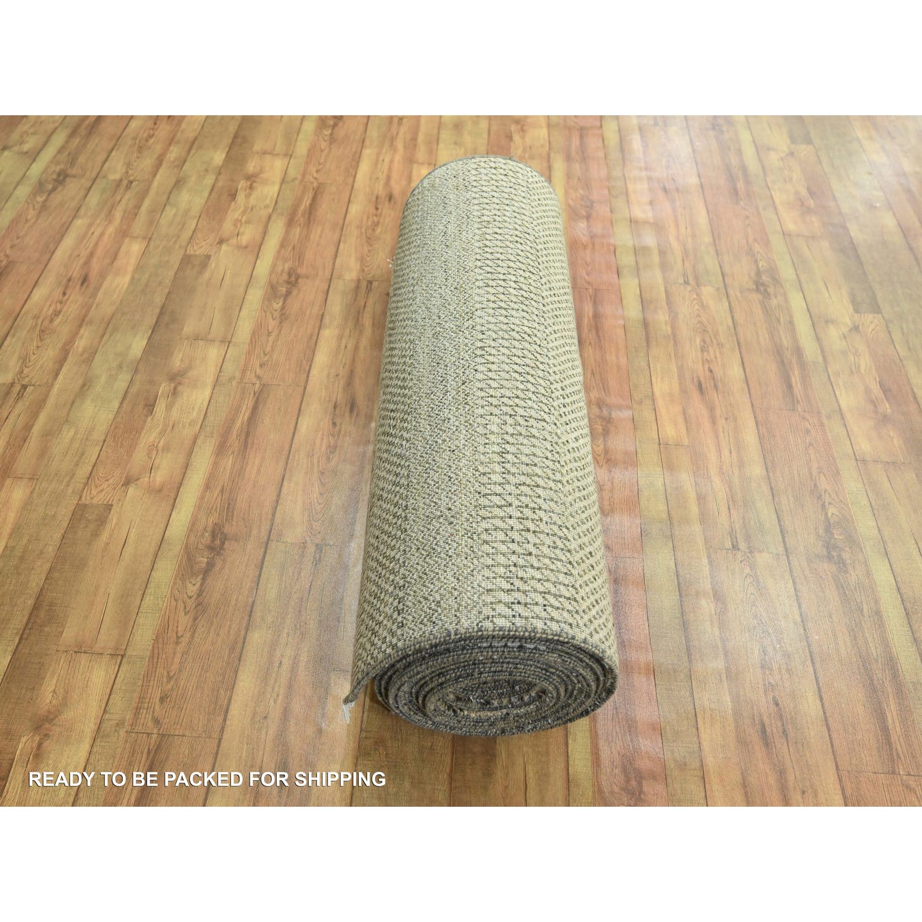 3'x21'10" Ecru Brown, Modern Grass Design, Hand Knotted, Borderless, Denser Weave, Tone on Tone, Wool and Silk, Lush and Plush, XL Runner, Oriental Rug Sh76351