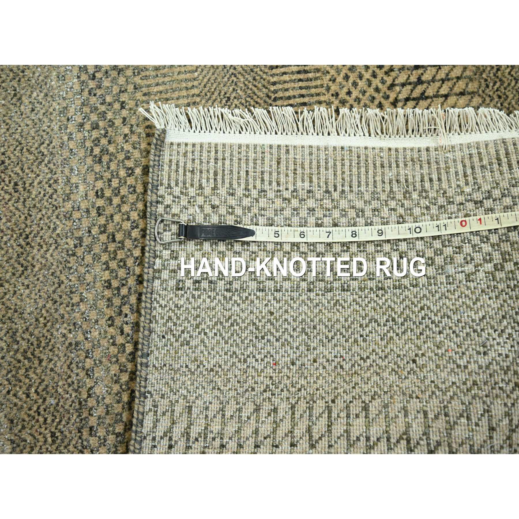 3'x21'10" Ecru Brown, Modern Grass Design, Hand Knotted, Borderless, Denser Weave, Tone on Tone, Wool and Silk, Lush and Plush, XL Runner, Oriental Rug Sh76351