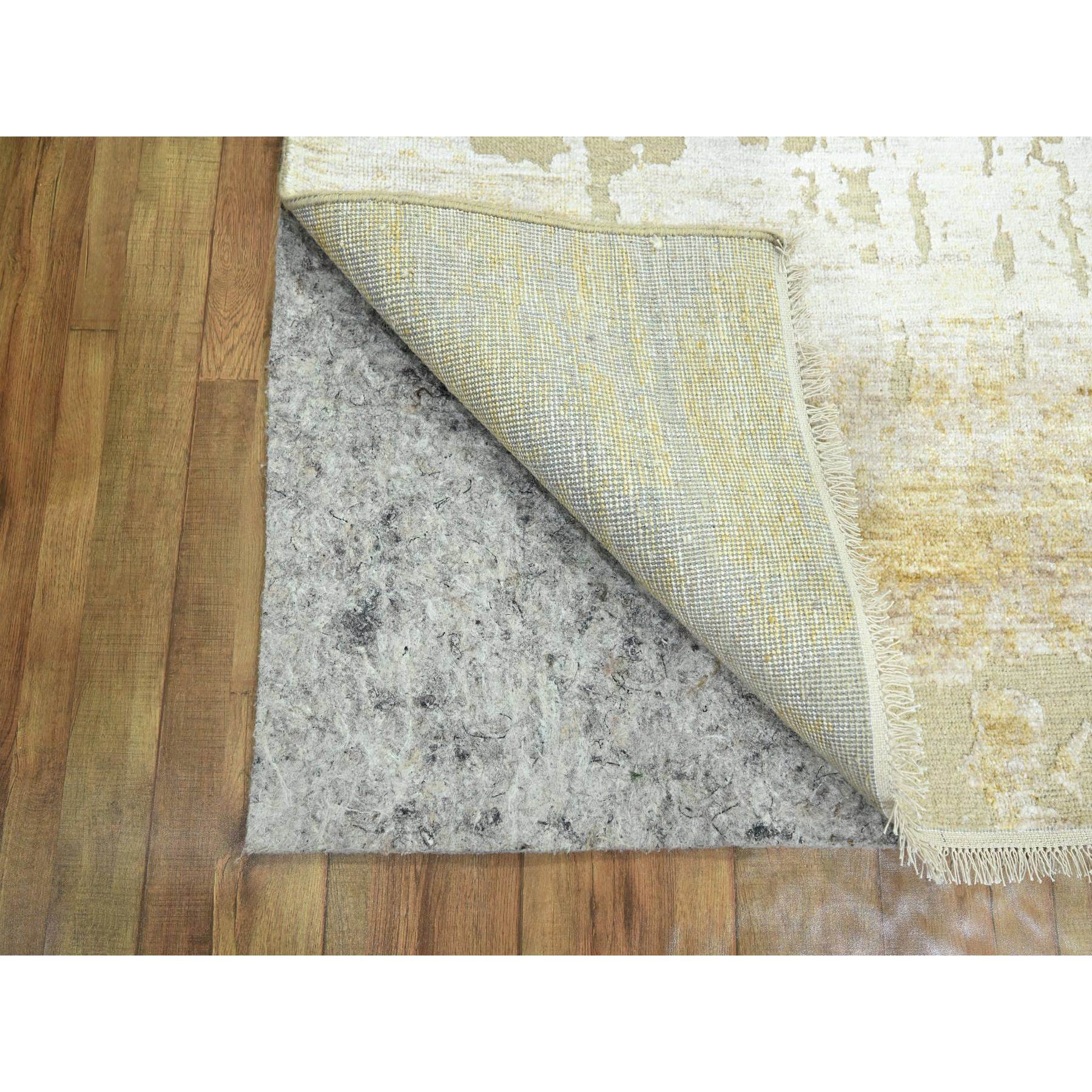 2'6"x19' Parchment White & Brown, Modern Abstract Design with Natural Colors, Wool and Silk, Hand Knotted, XL Runner, Oriental Rug Sh76352